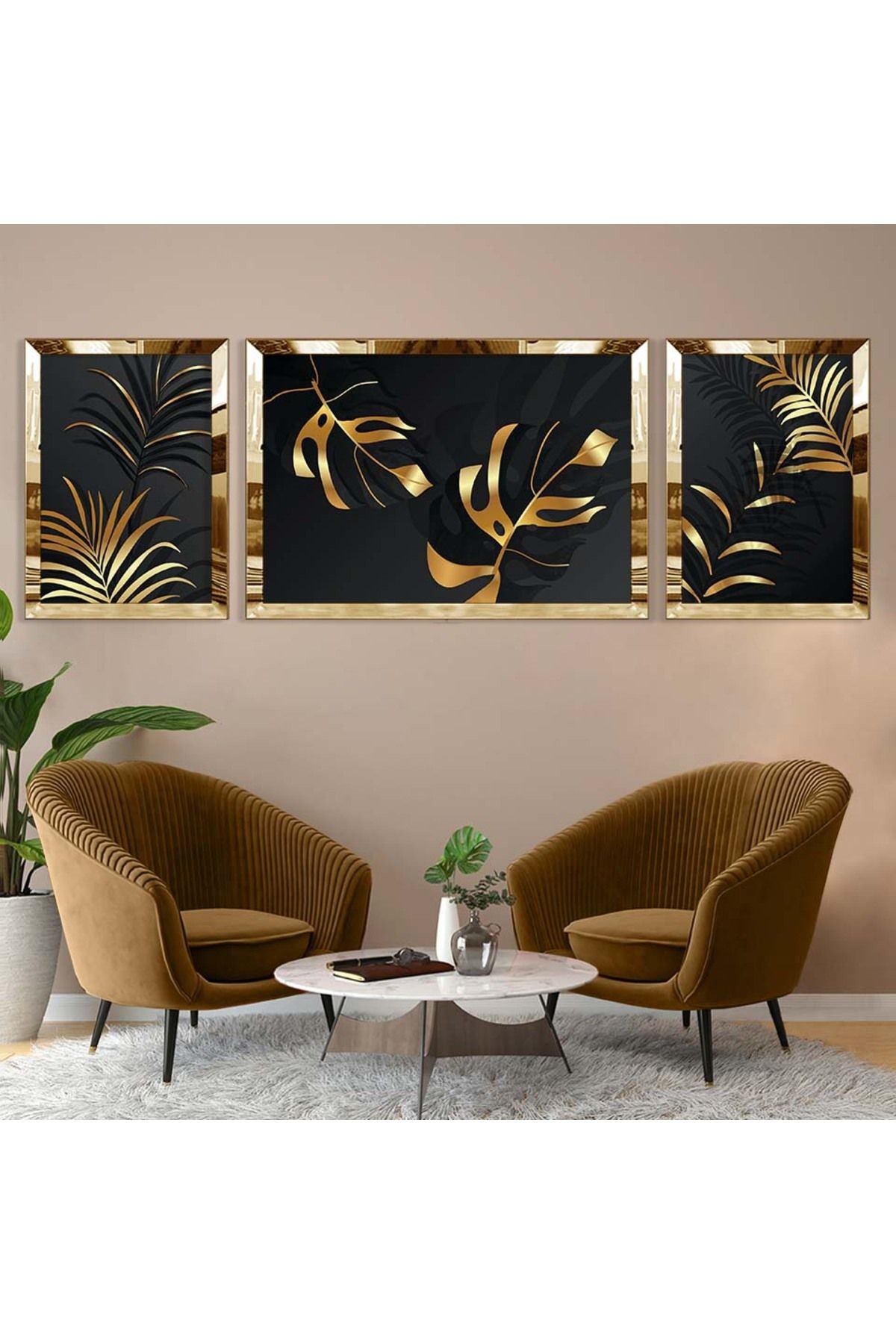 Gold Aynalı Pleksi Çerçeveli Üçlü Siyah Arka Planlı Gold Desenli Mdf Tablo Seti