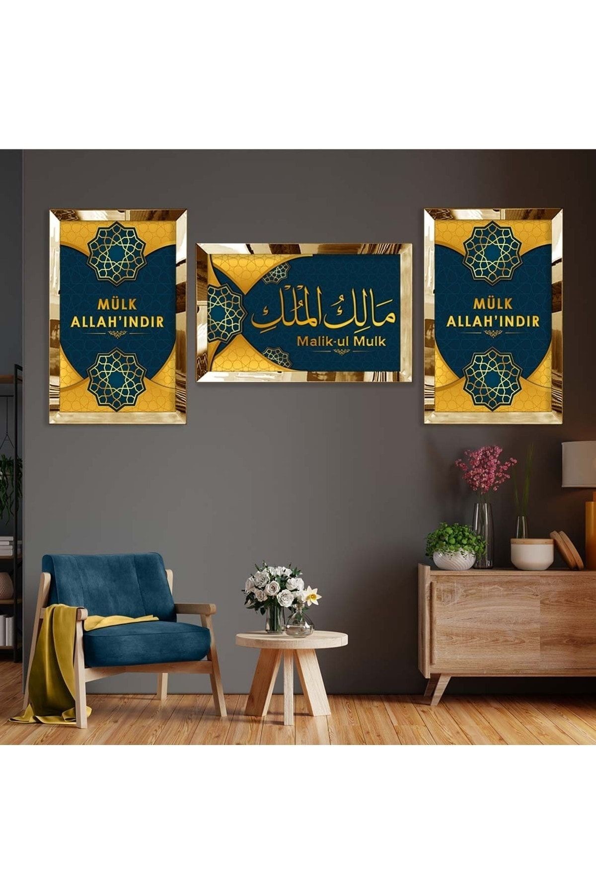 Gold Aynalı Pleksi Çerçeveli Makül Mülk Dini Model Üçlü Mdf Tablo Seti