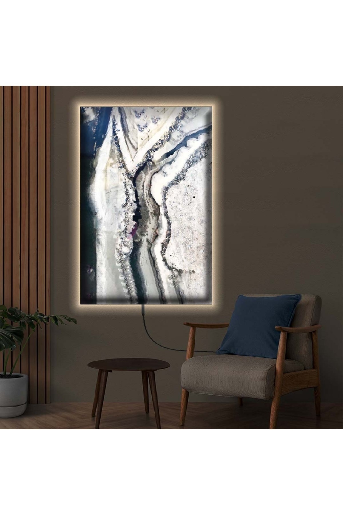 Ledli Taş Desen Ahşap Şase Dijital Baskı Kanvas Tablo 50X70Cm