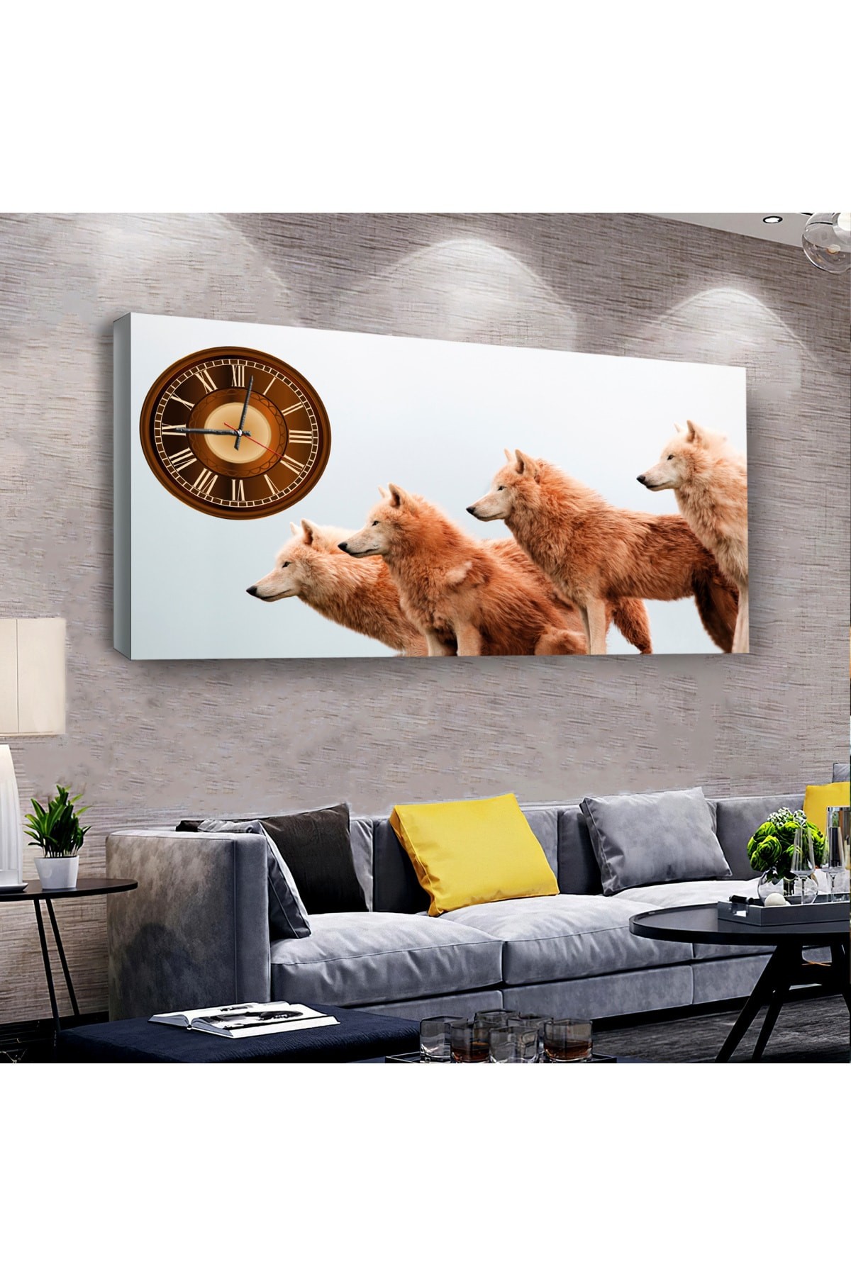 Tasarım Bozkurt saatliAhşap Şase Dijital Baskı Kanvas Tablo 100X50Cm