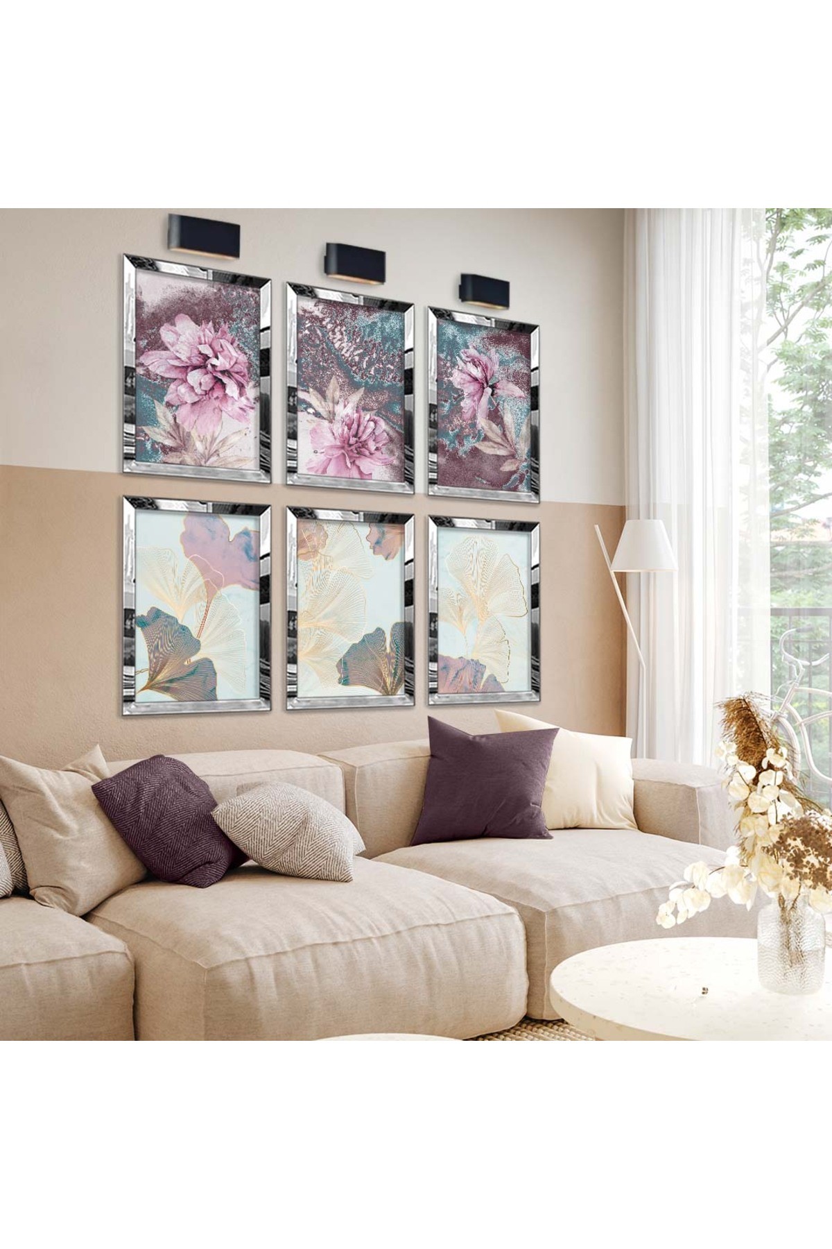 Minimalist Çizim Çiçek Desen 6'Lı Pleksi Kenar Solmaz MDF Tablo Seti