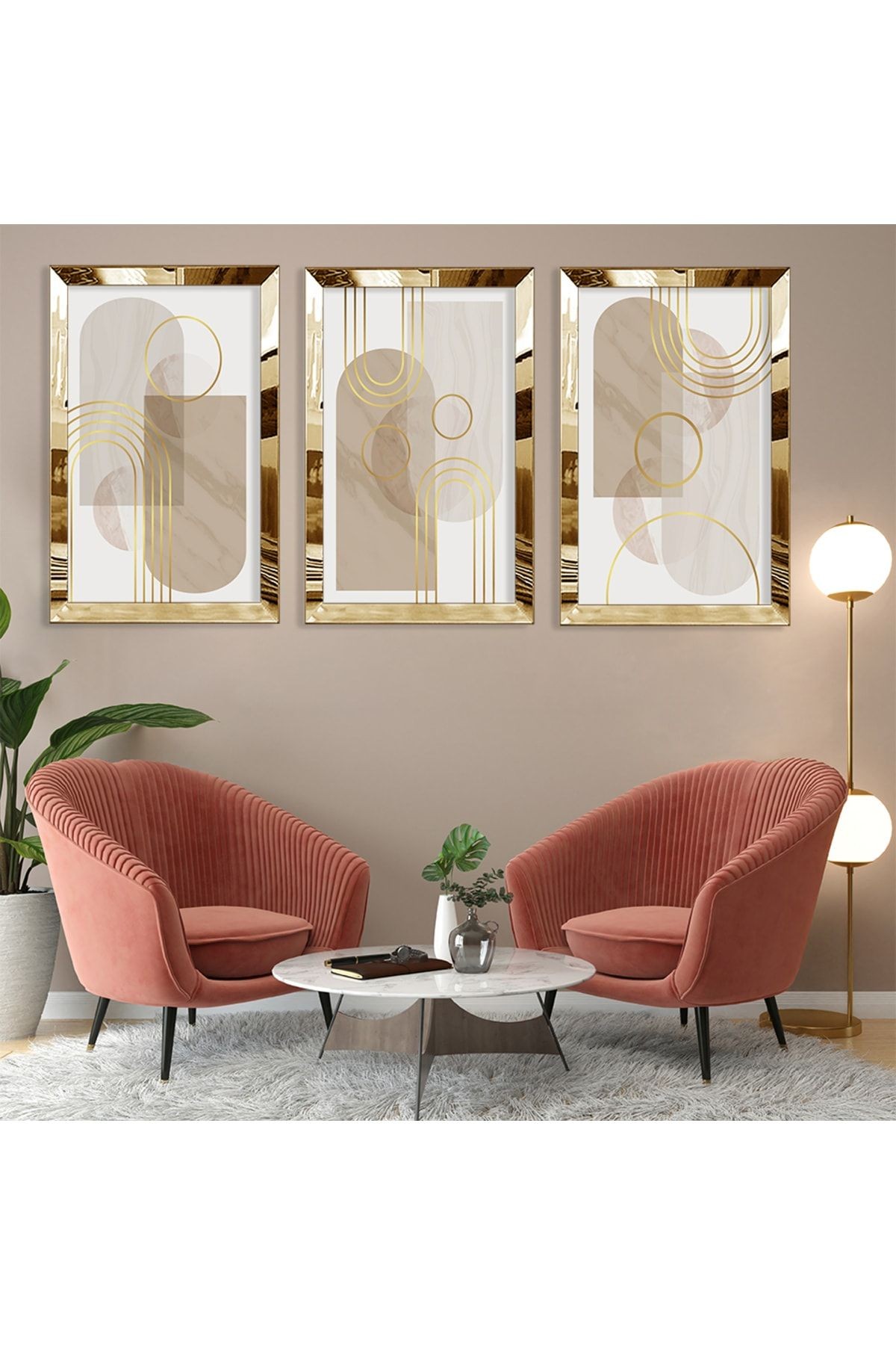Soyut Desen Şekiller Gold Pleksi Kenar Üçlü Mdf Tablo Seti