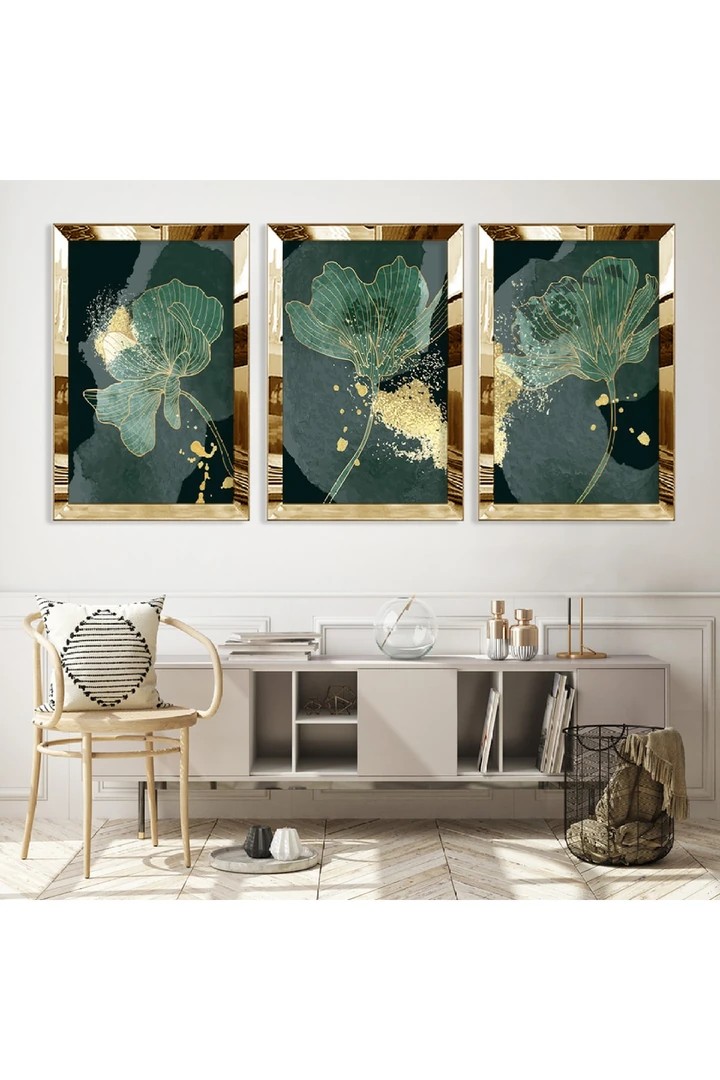 Yeşil Çiçek Soyut Desen Gold Pleksi Kenar 3'Lü Solmaz MDF Tablo