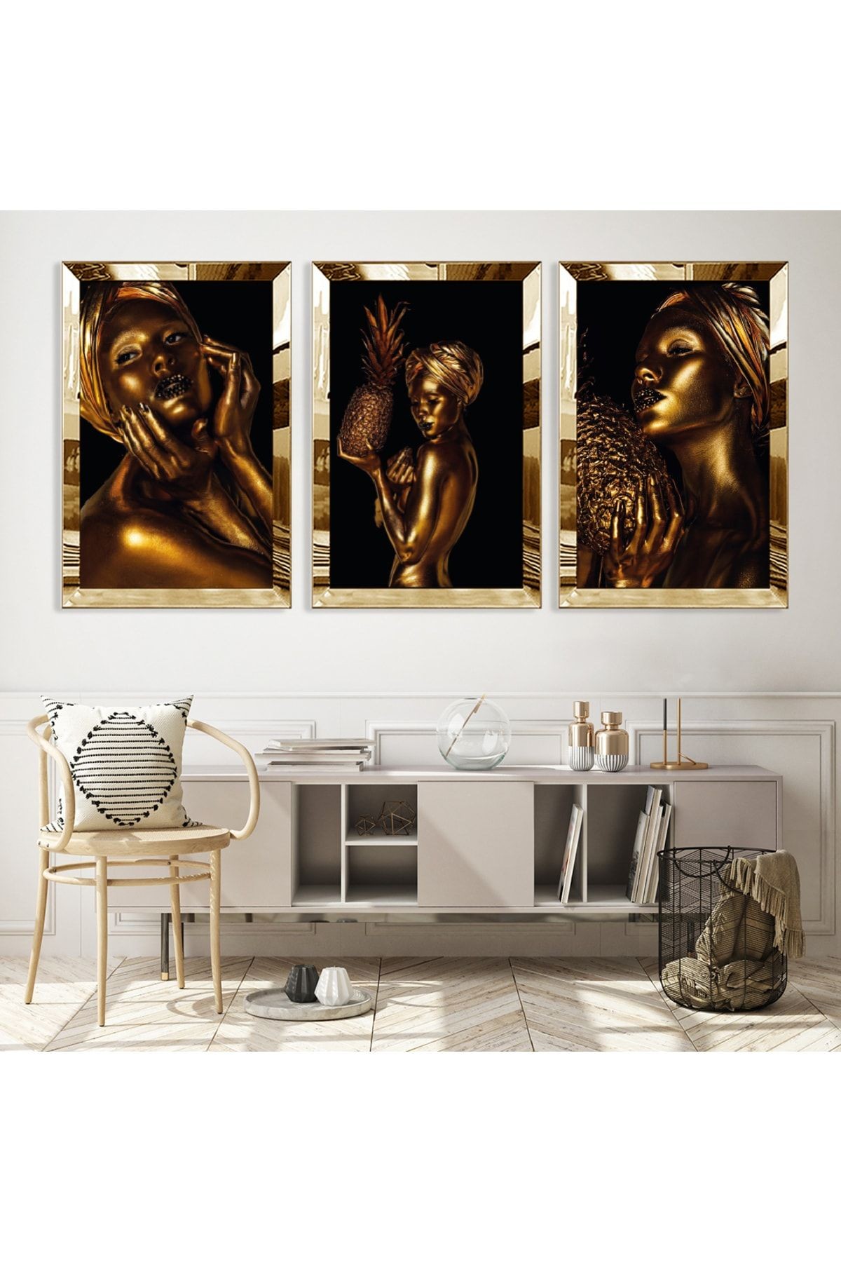 Gold Aynalı Pleksi Çerçeveli Altın Kız Üçlü Mdf Tablo Seti