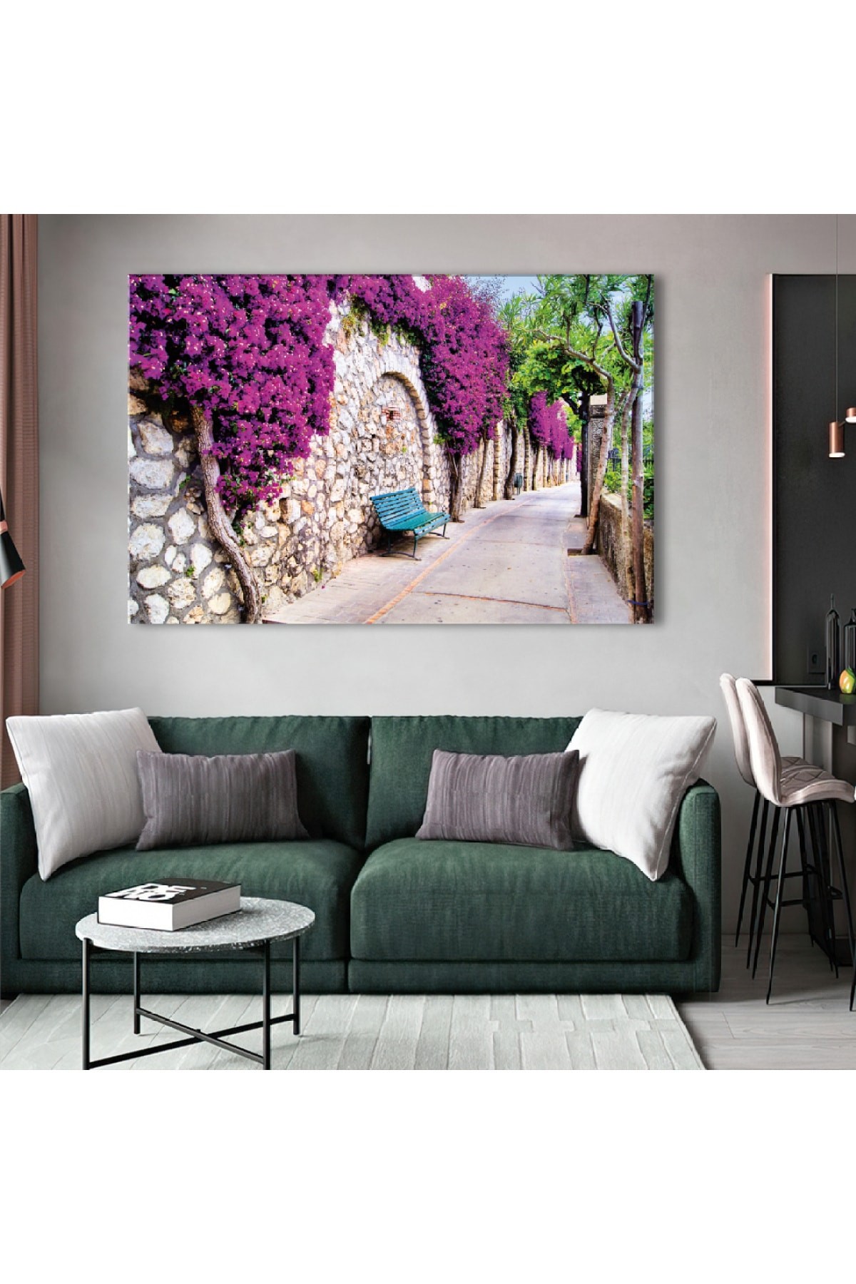 Mavi Banklı Yol Manzara Ahşap Şase Dijital Baskı Kanvas Tablo 120X80Cm