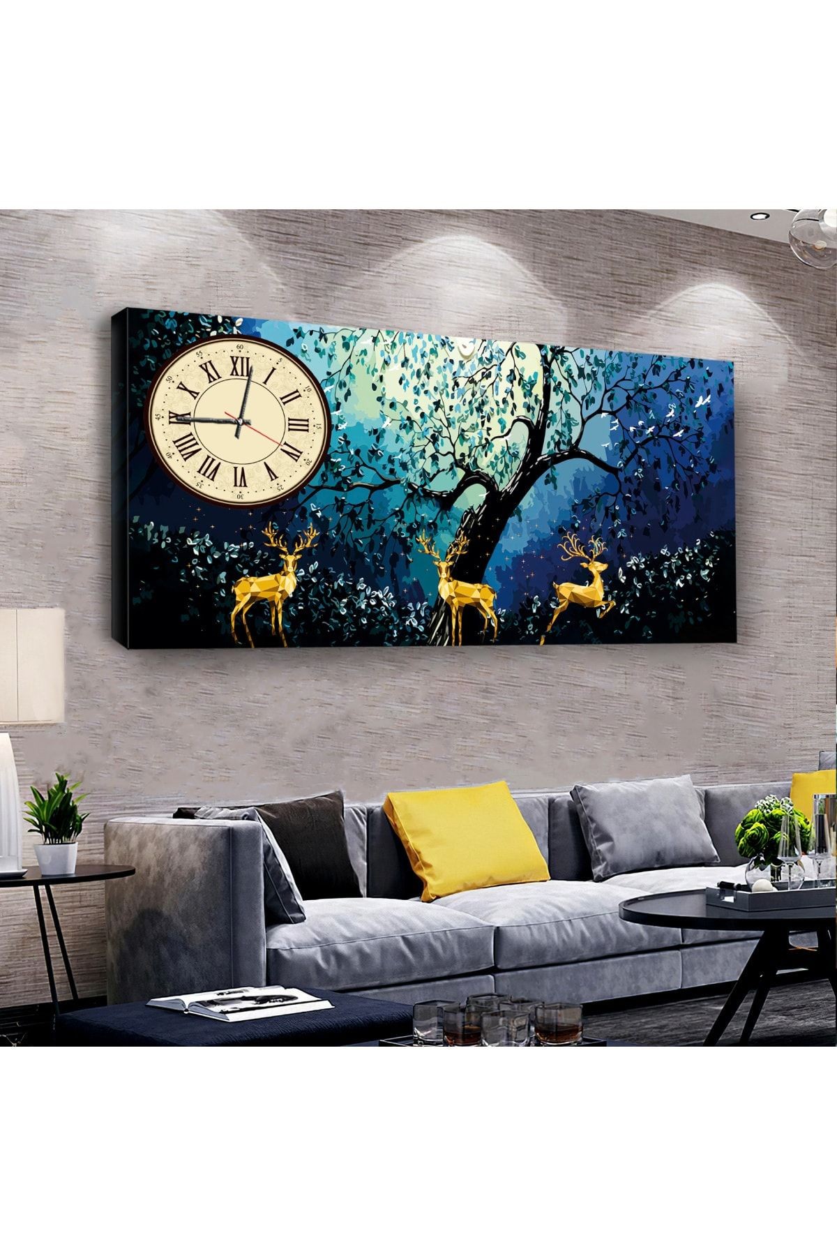 Geyik 120 X 60 Saatli Kanvas Tablo