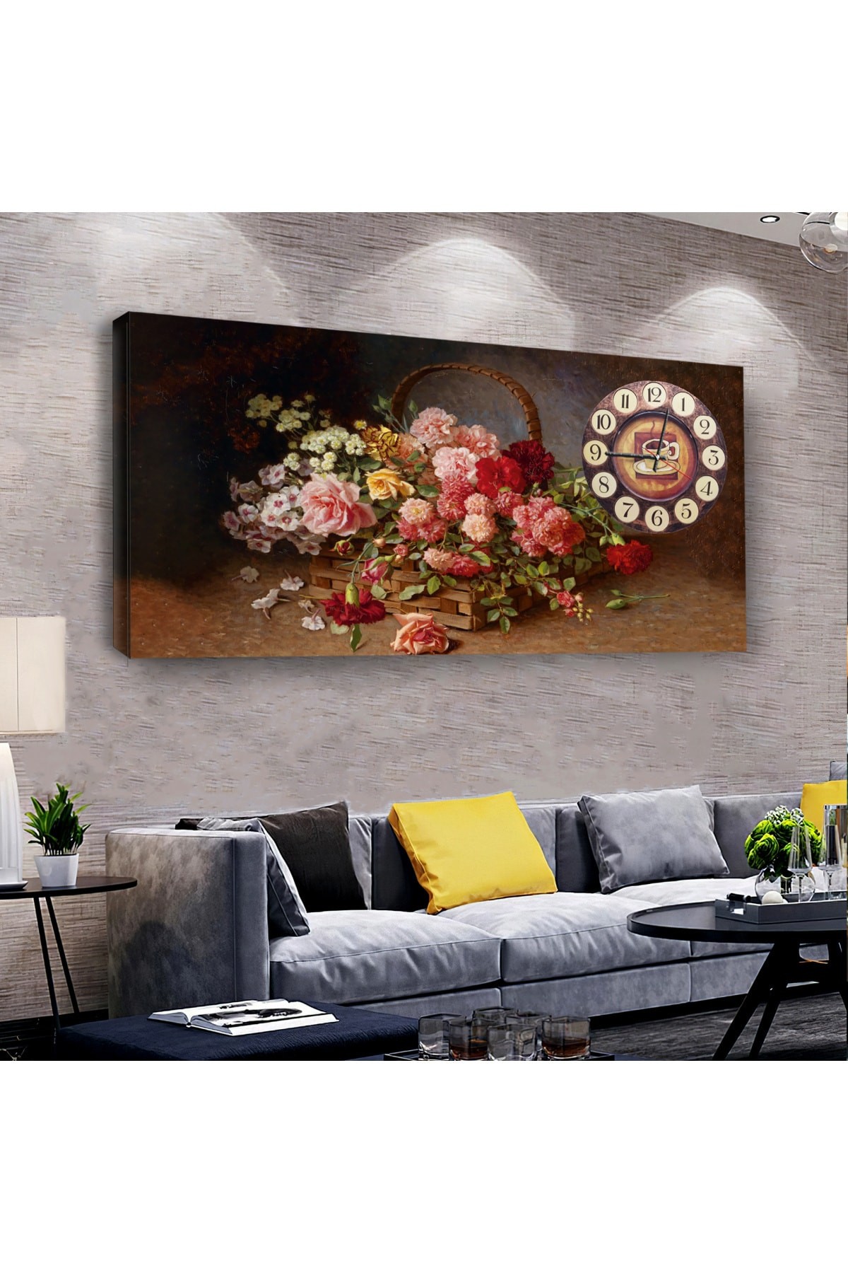 Buket Çiçek saatliAhşap Şase Dijital Baskı Kanvas Tablo 120X60Cm