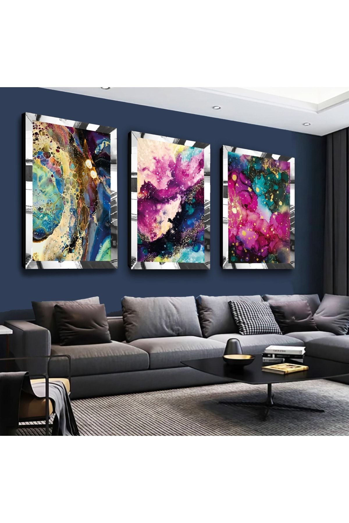 Gold Aynalı Pleksi Çerçeveli Renkli Modern Üçlü Mdf Tablo Seti