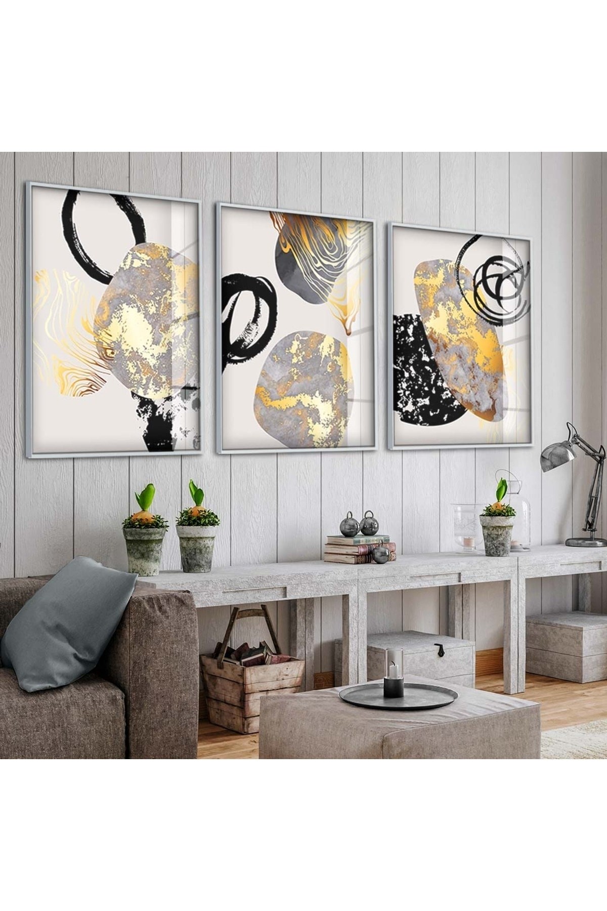 Sanat Tablosu Soyut Desen 3'Lü Metal Çerçeveli UV Baskı Kırılmaz Cam Tablo Set