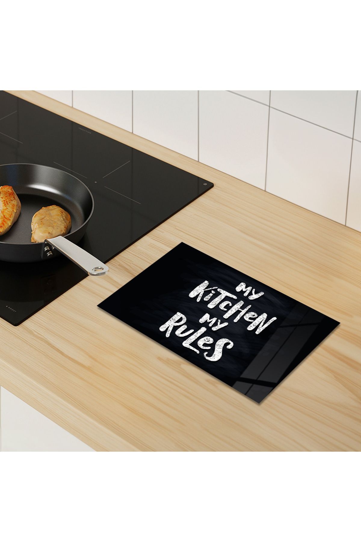 Cam Kesme Tahtası Siyah Arka Planlı "My Kitchen My Rules" Yazılı