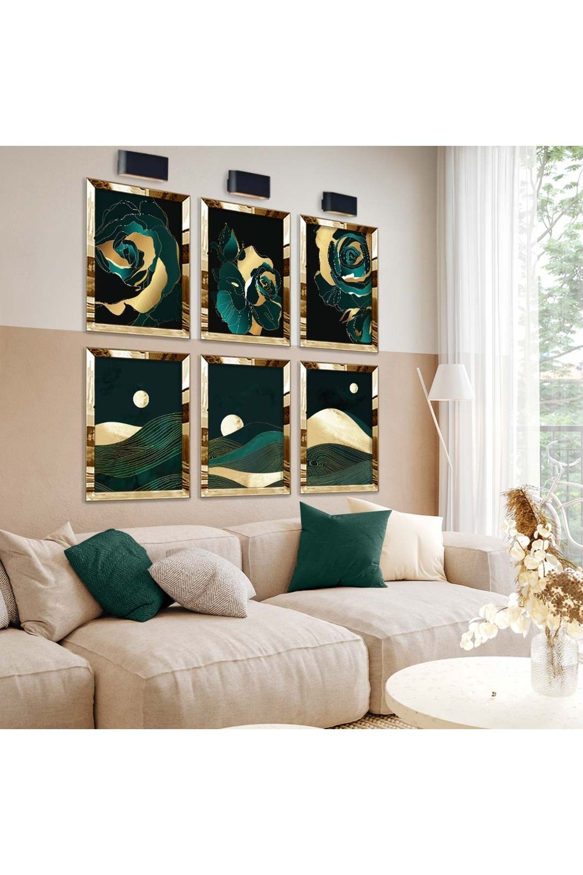 GOLD ÇİÇEK DESEN VE KOLAJ ÇİZİM 6'LI PLEKSİ KENAR MDF TABLO SETİ