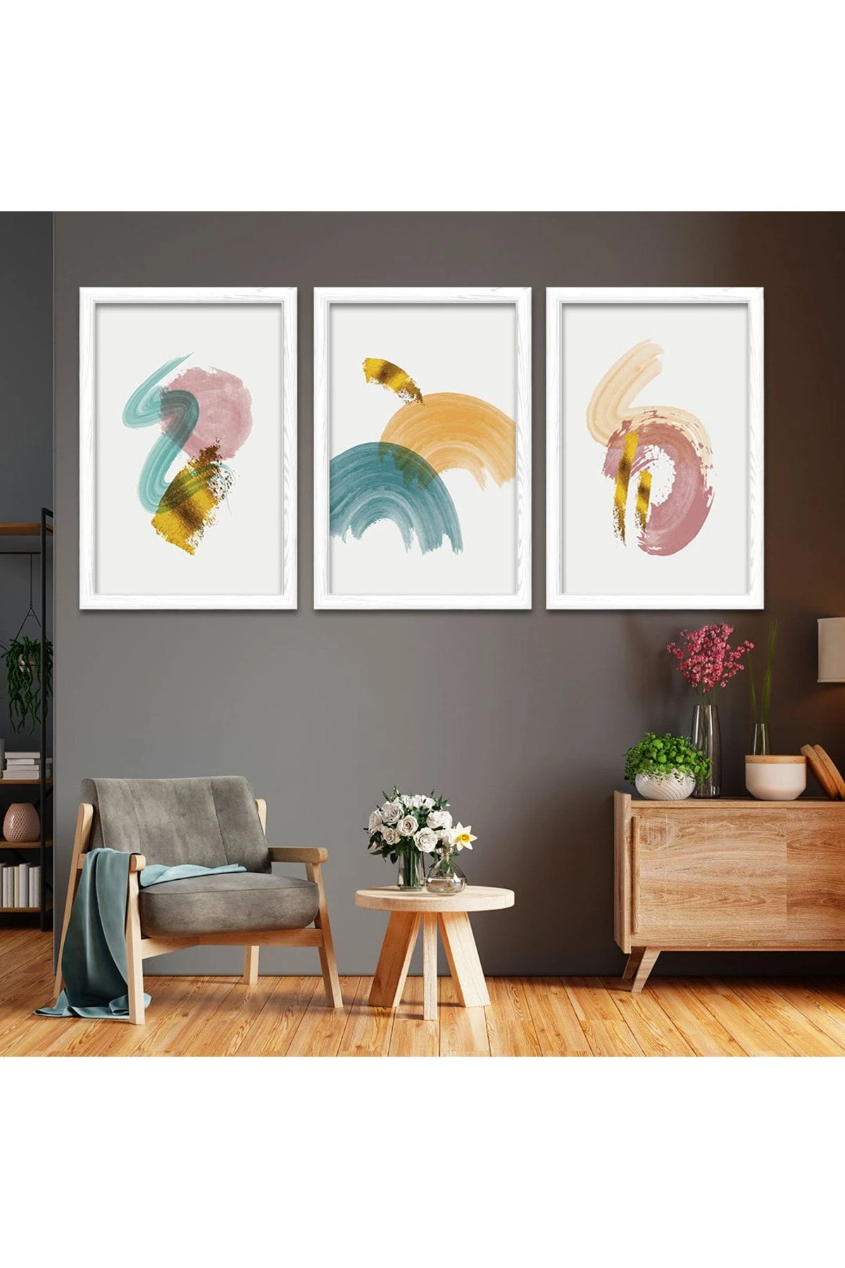 Beyaz Ahşap Çerçeveli Kolaj Çizim Modern Tablo