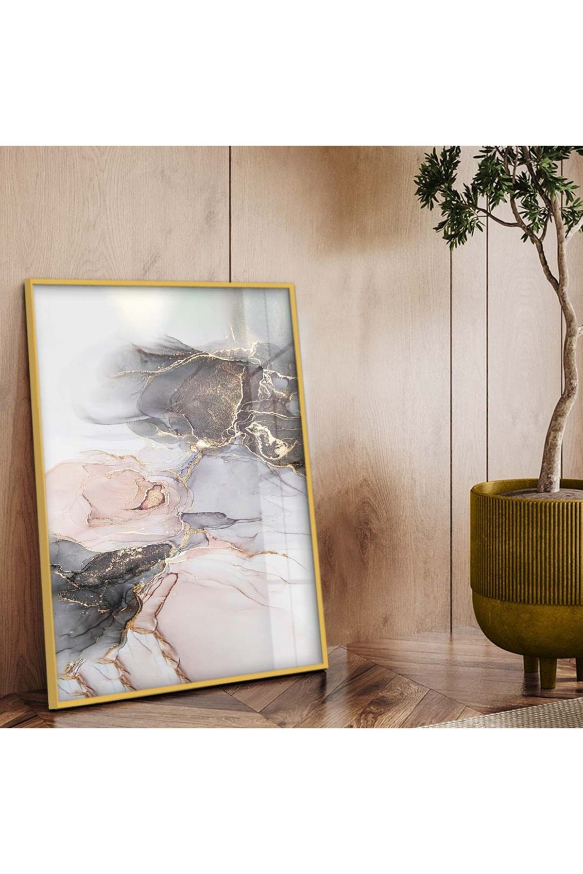 Gold Metal Çerçeveli Modern Çizim Soyut Tema Kırılmaz Cam Tablo
