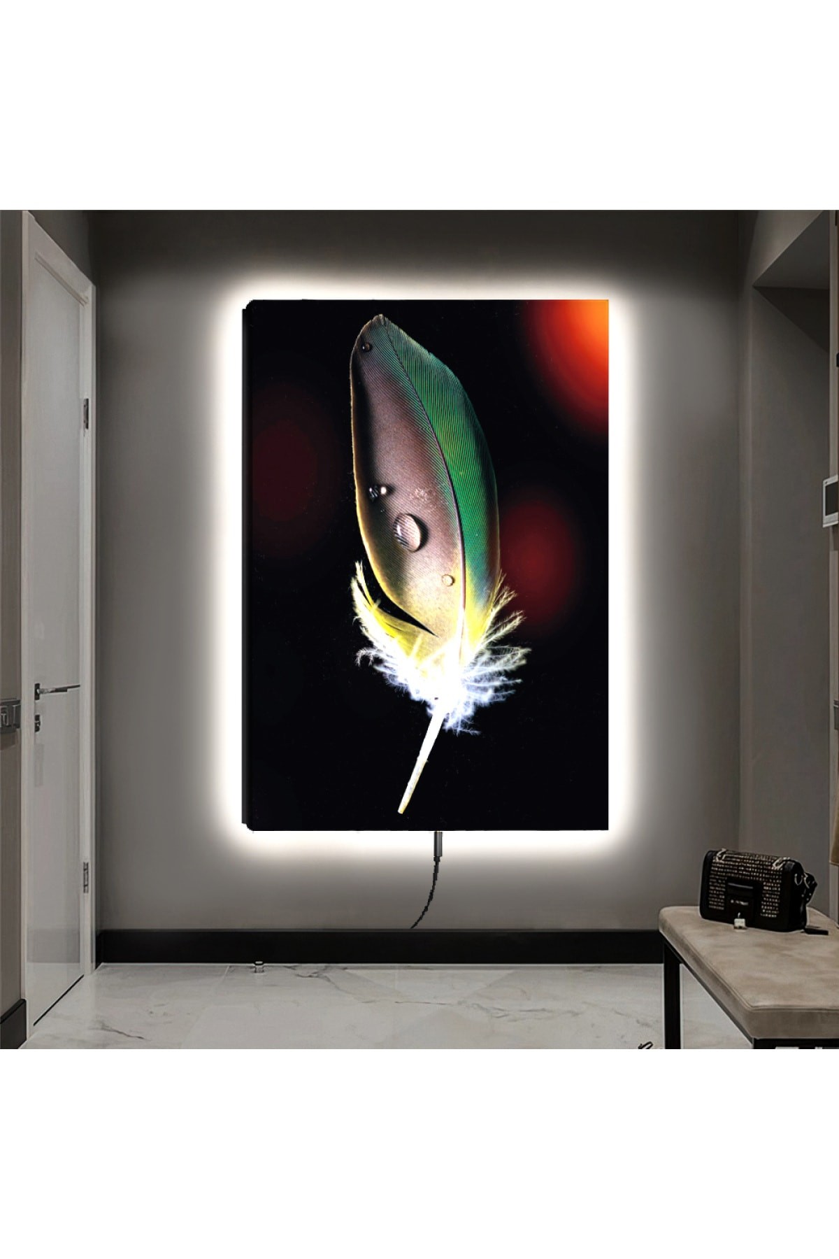 Ledli Kuş Tüyü Ahşap Şase Dijital Baskı Kanvas Tablo 90X60Cm