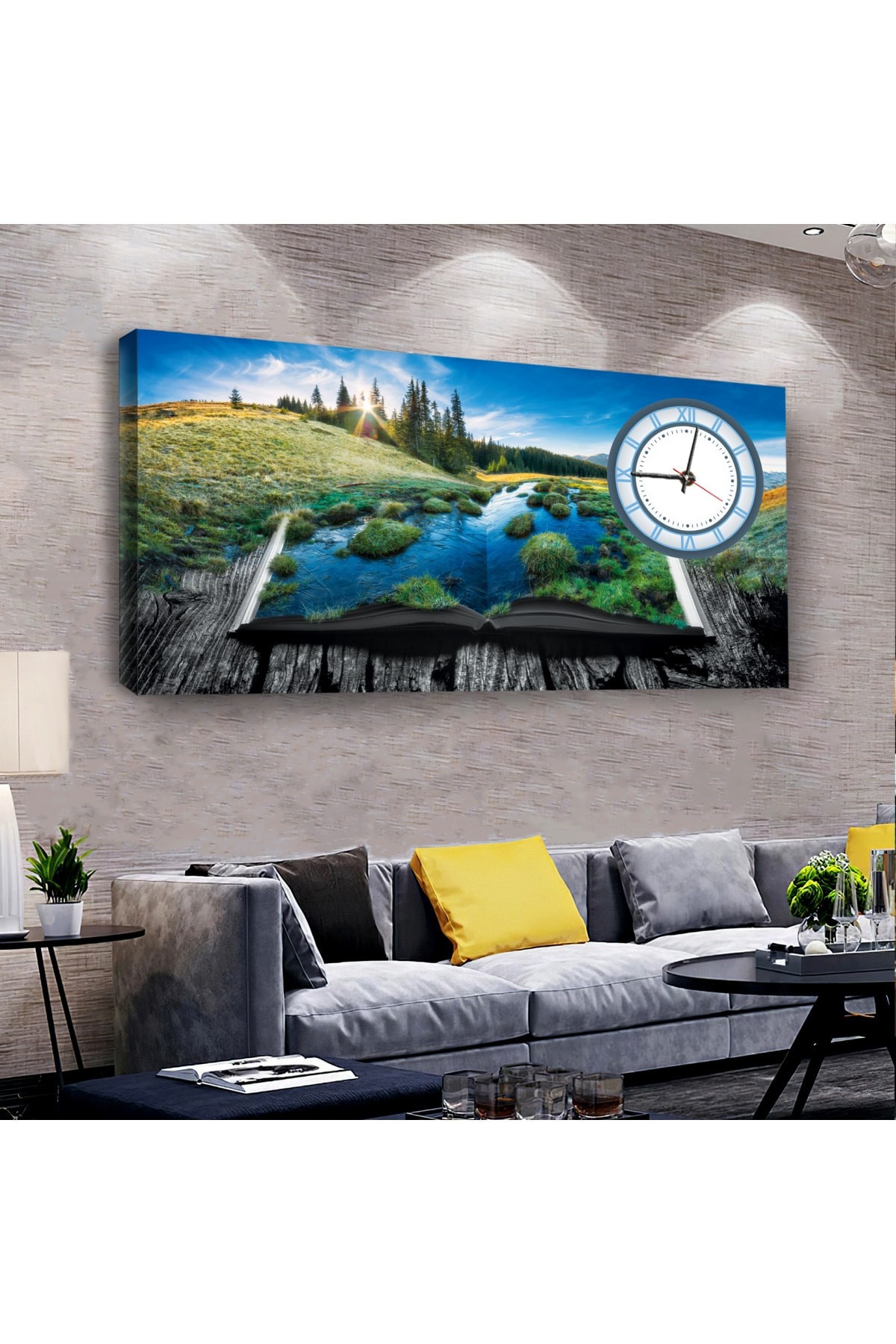 Oturma Odası Tablosu Doğa Manzara saatliDijital Baskı Kanvas Tablo 100X50Cm