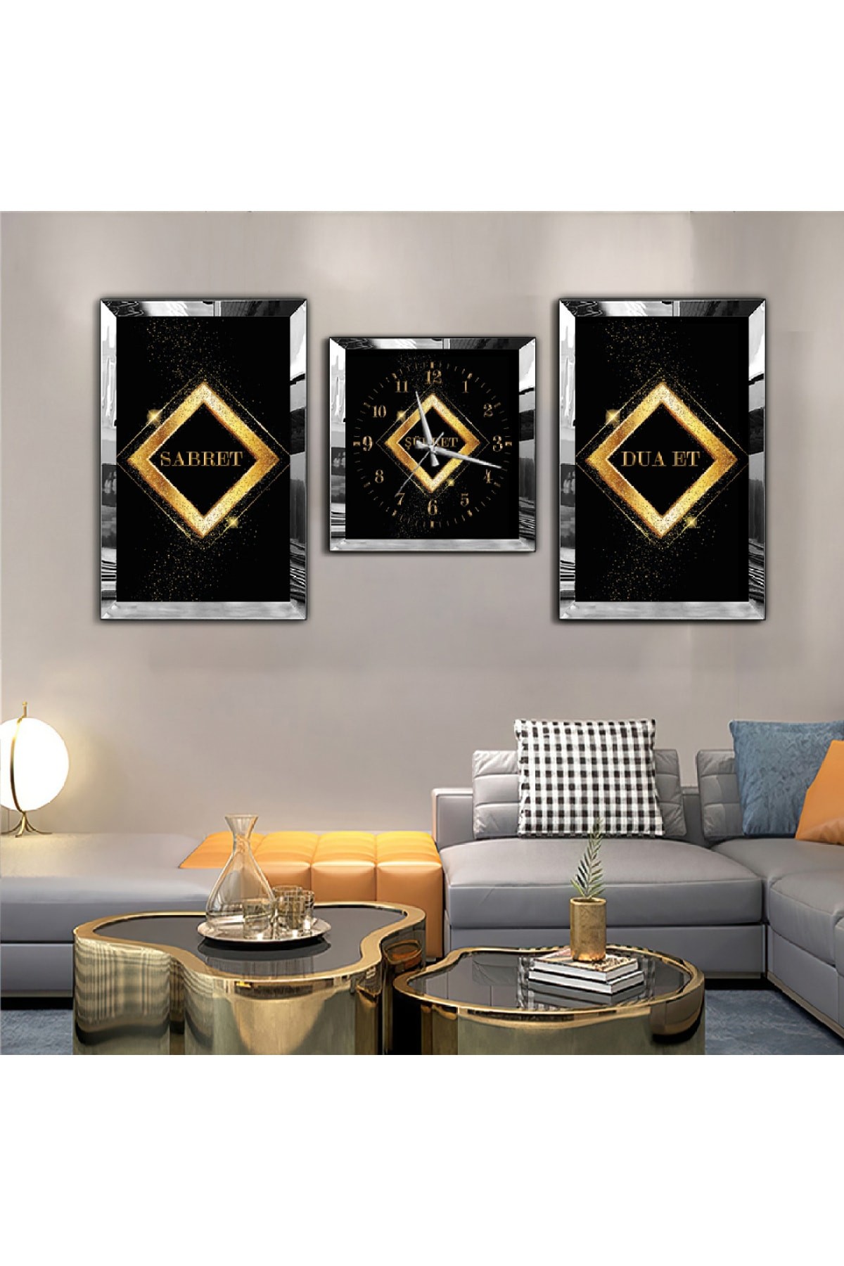 Sabret Şükret Dua Et Aynalı Gold Pleksi Çerçeveli Solmaz MDF Tablo Ve Saat Seti