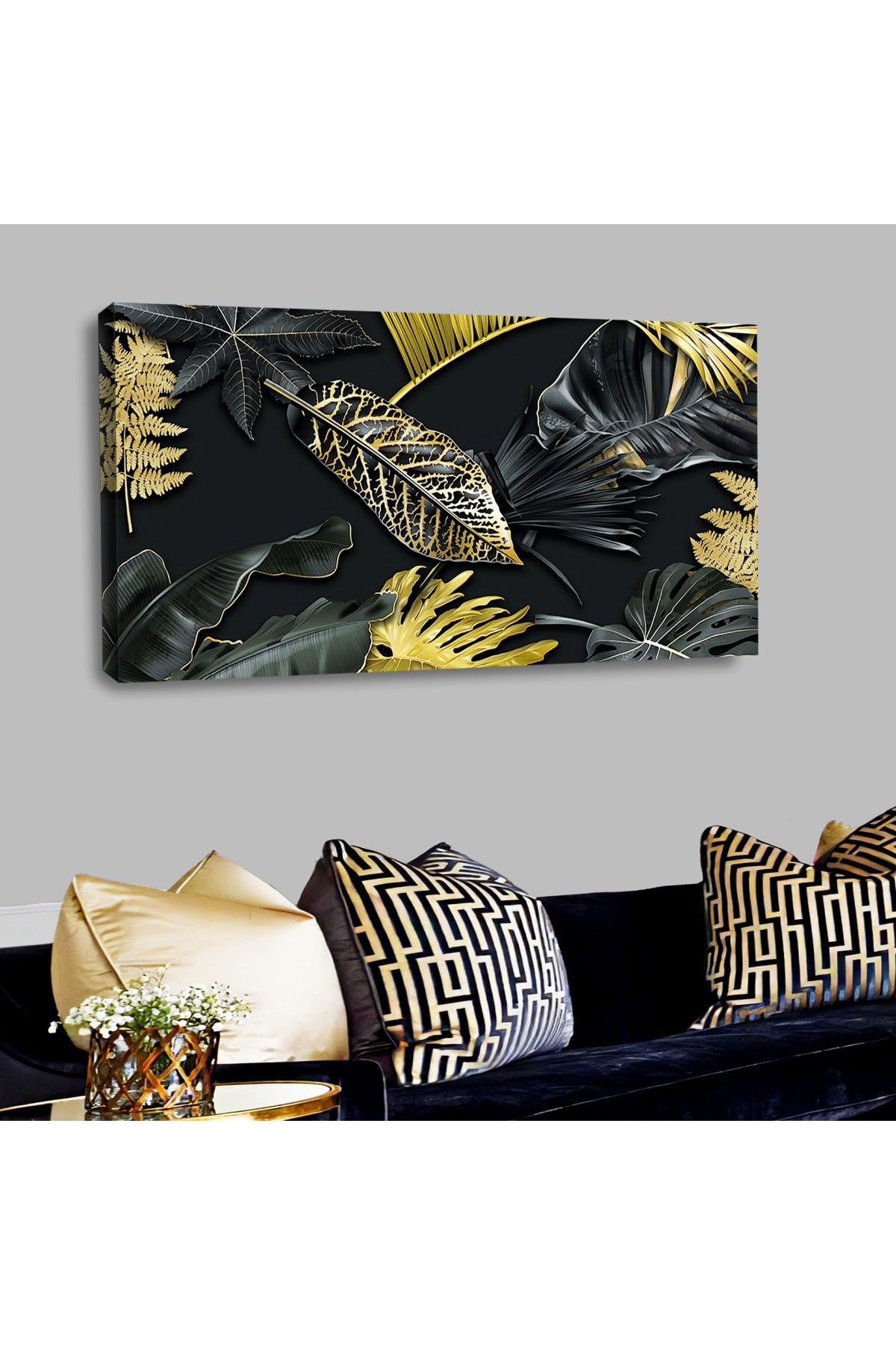 Ahşap Şase Dijital Baskı Kanvas Siyah Sarı Yaprak Tablosu 120X60Cm