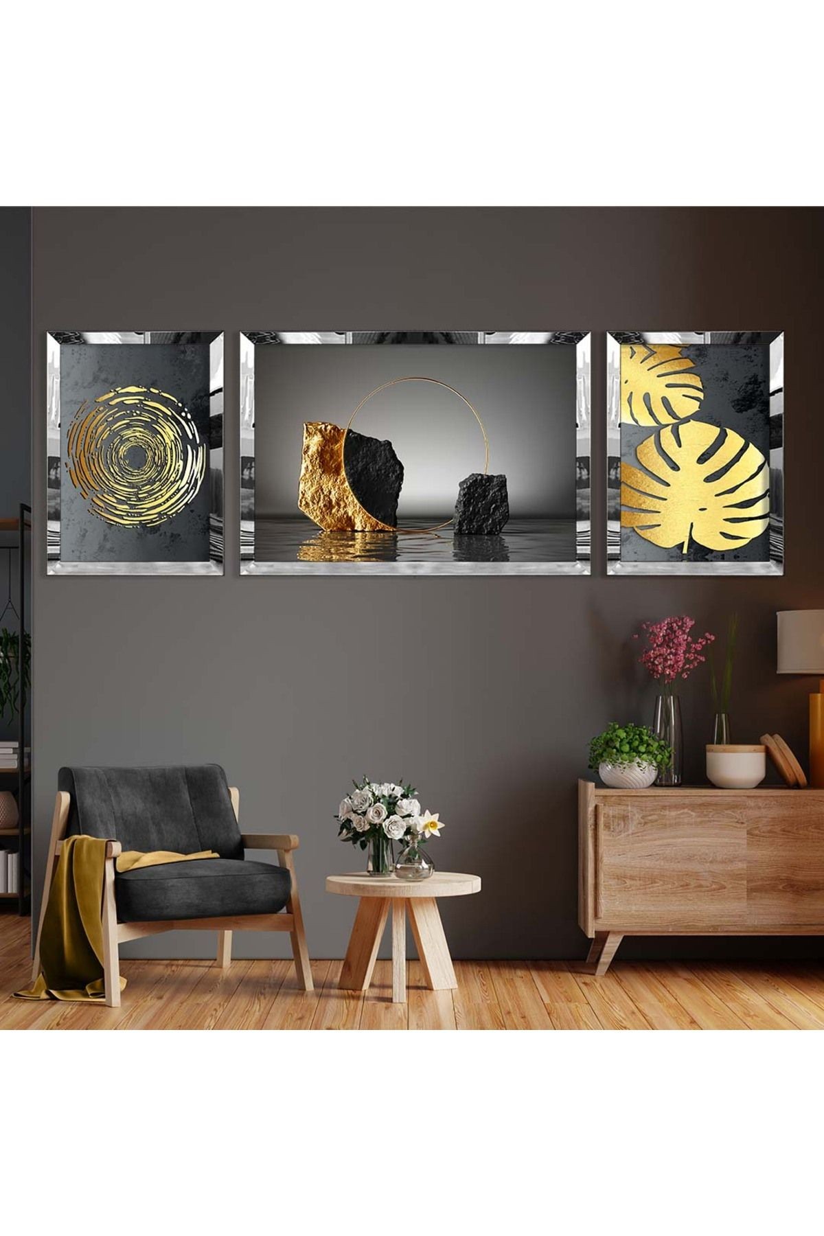 Gold Aynalı Pleksi Çerçeveli Üçlü Altın Desenli Modern Mdf Tablo Seti