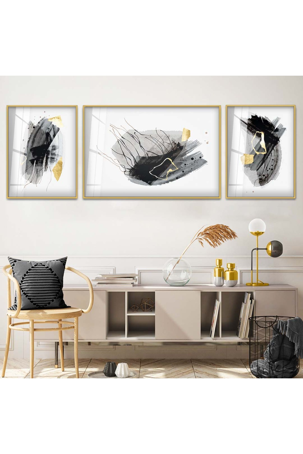 Minimal Minimalist Çizim Soyut Desen 3'Lü Metal Çerçeveli UV Baskı Kırılmaz Cam Tablo
