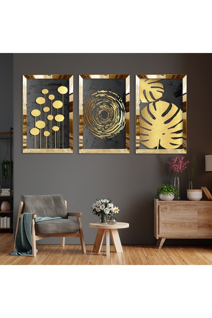 Salon Tablosu Soyut Desen Yaprak Gold Pleksi Kenar 3'Lü Solmaz MDF Tablo
