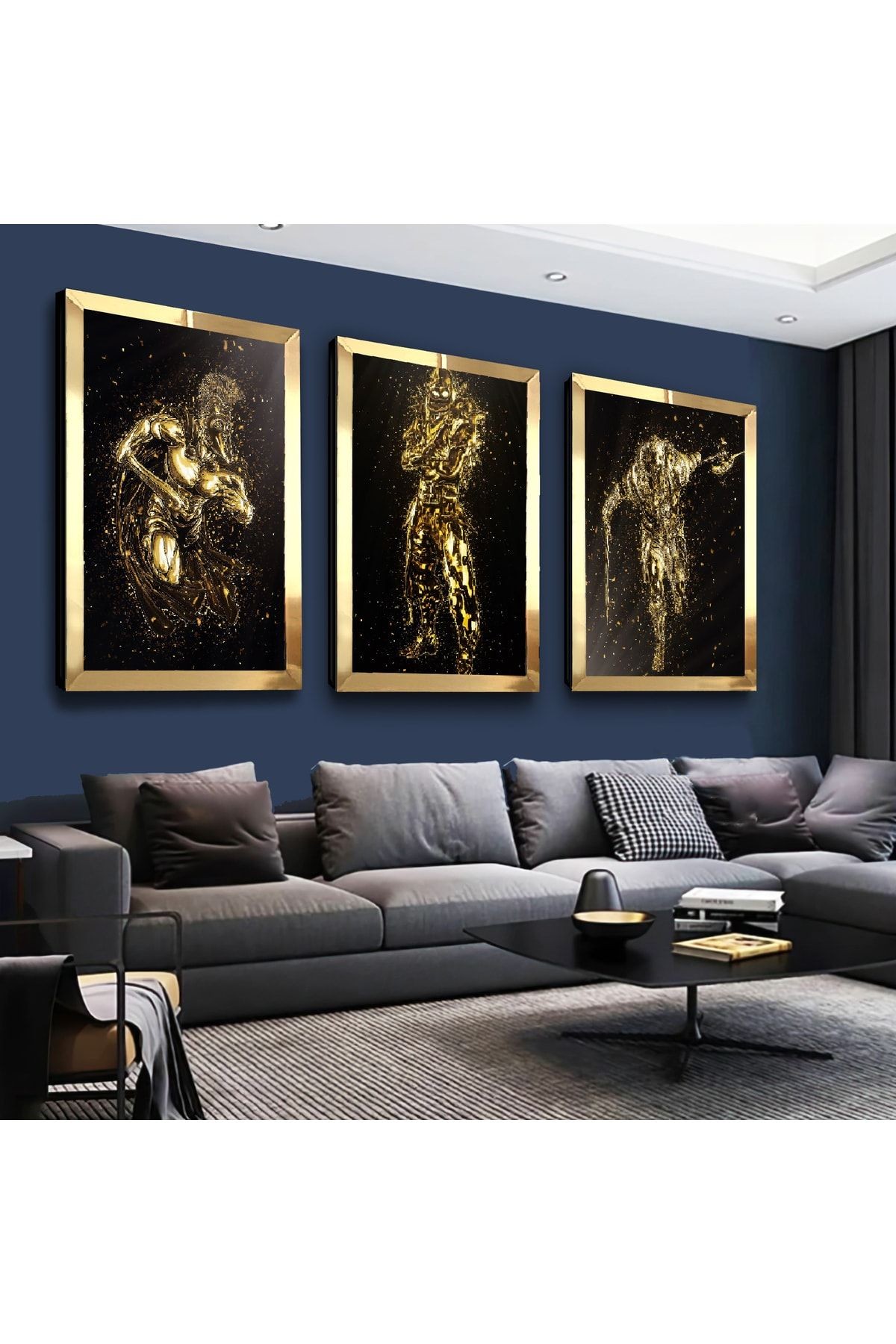 Gold Aynalı Pleksi Çerçeveli Sanat Modern Üçlü Mdf Tablo Seti