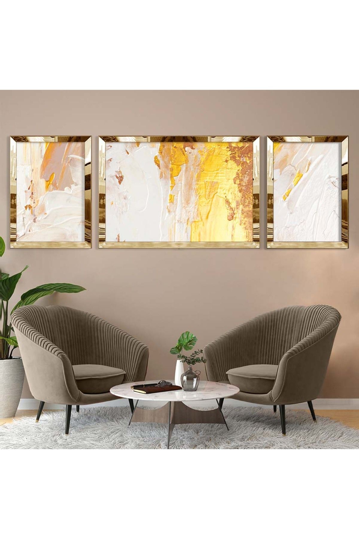 Gold Aynalı Pleksi Çerçeveli Üçlü Soyut Altın Desenli Mdf Tablo Seti