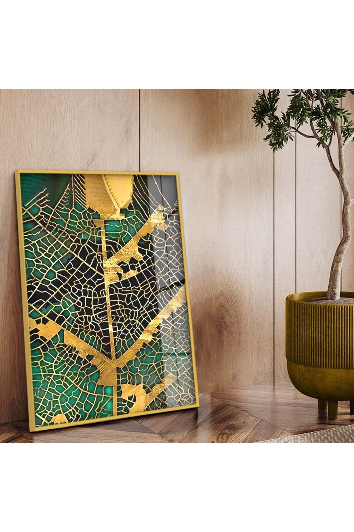 Gold Metal Çerçeveli Soyut Tema Modern Çizim Kırılmaz Cam Tablo