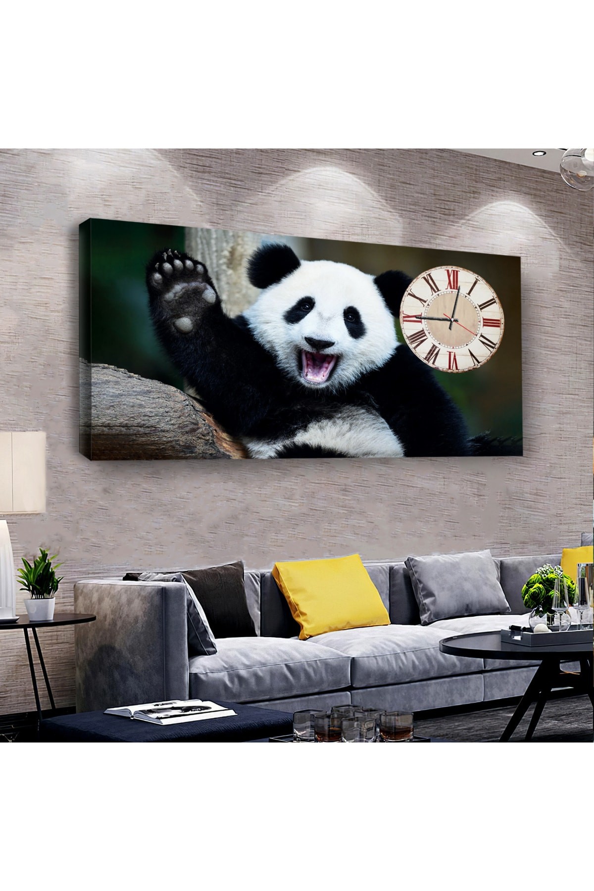 Sevimli Panda saatliAhşap Şase Dijital Baskı Kanvas Tablo 100X50Cm
