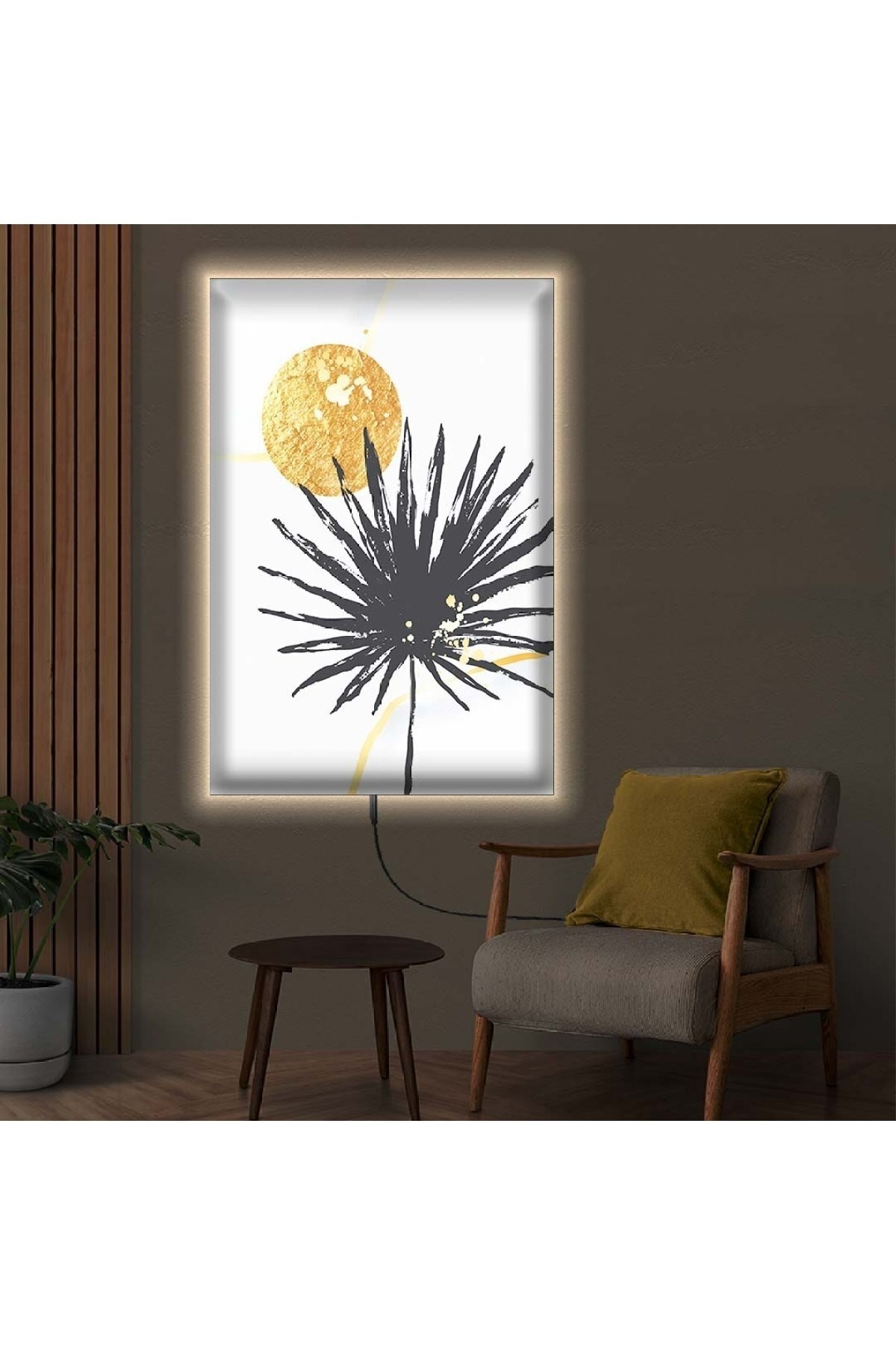 Modern Ledli Kolaj Çizim Yaprak Ahşap Şase Dijital Baskı Kanvas Tablo 50X70Cm