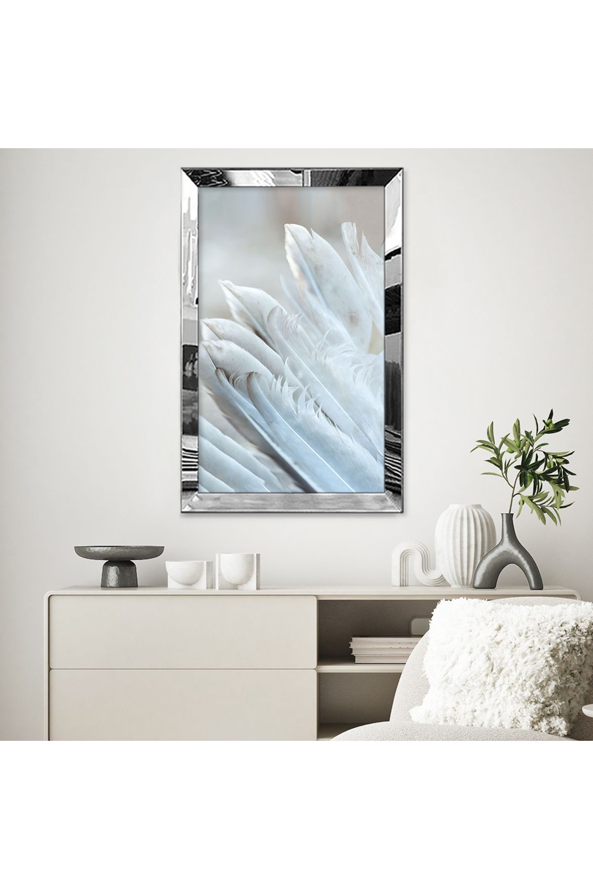 Gold Aynalı Pleksi Çerçeveli Beyaz Kuş Tüyleri Mdf Tablo