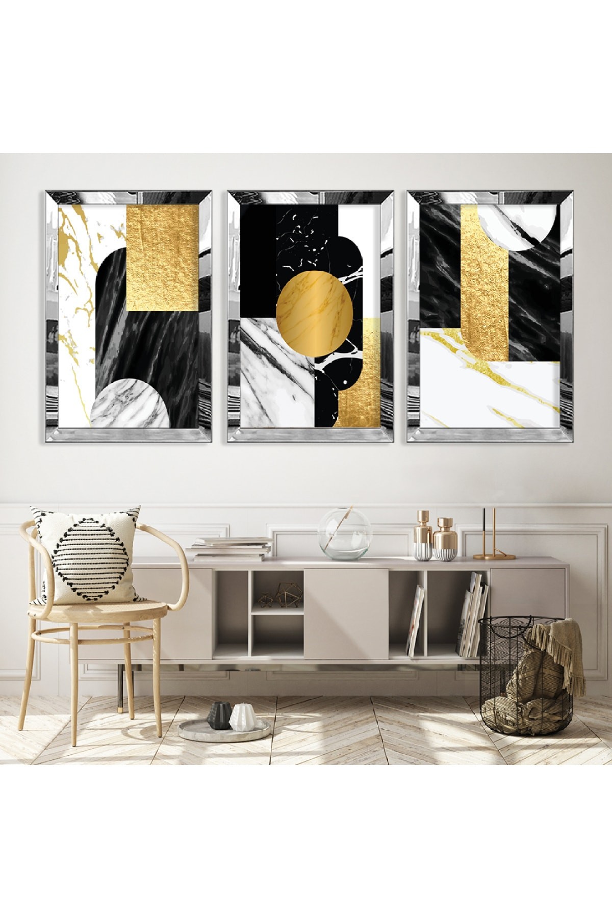 Ofis Tablosu Soyut Desen Gold Pleksi Kenar 3'Lü Solmaz MDF Tablo Ve Saat Kombin