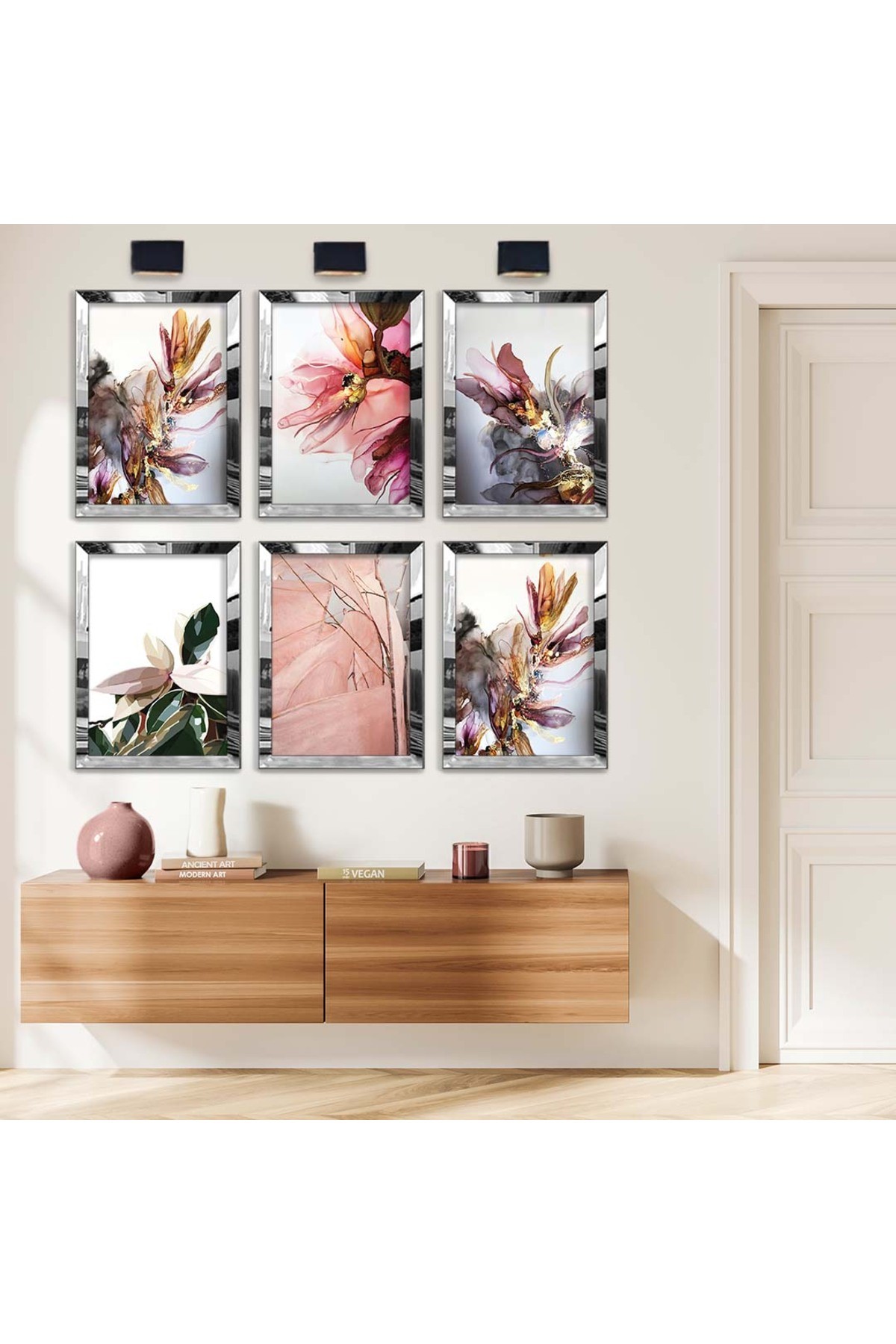 Renkli Çiçekler Modern Çizim 6'Lı Pleksi Kenar Solmaz MDF Tablo Seti
