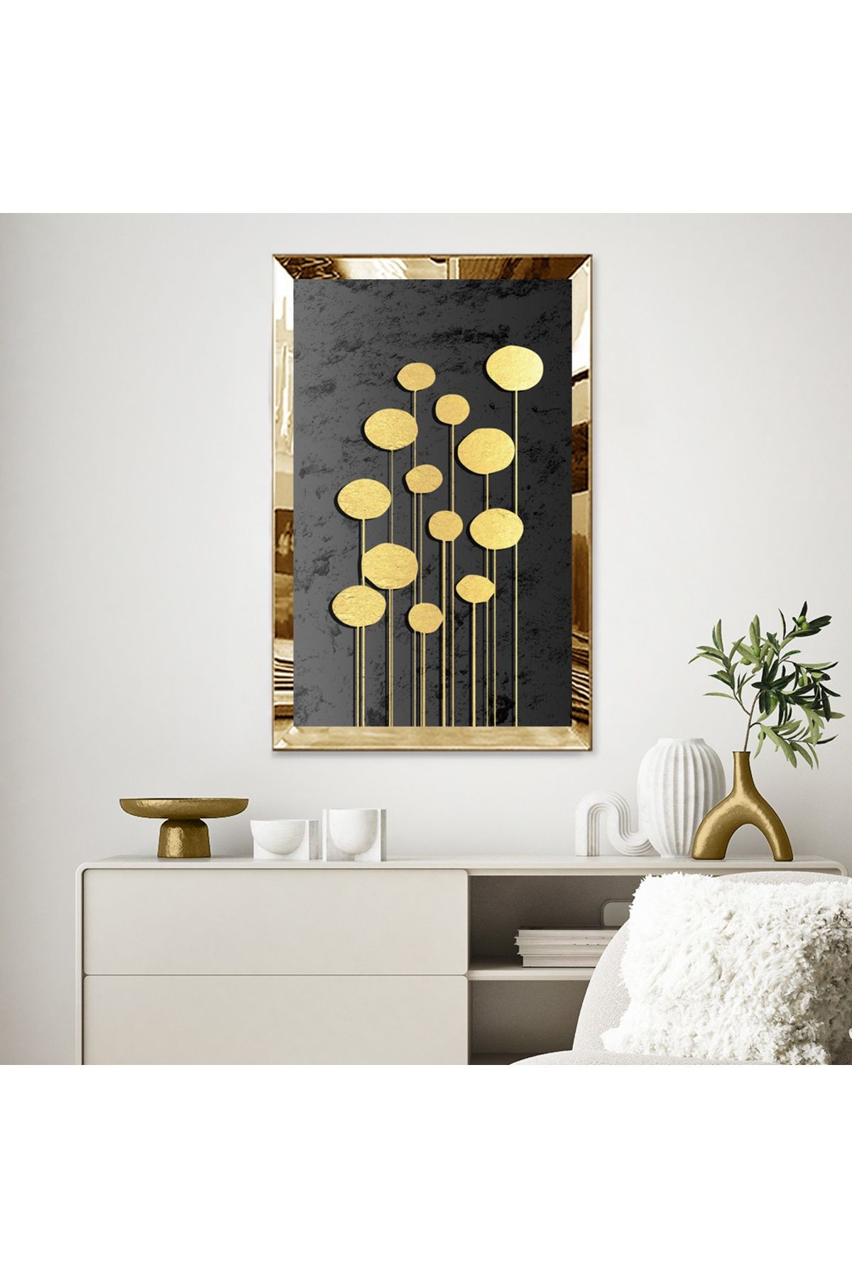 Gold Aynalı Pleksi Çerçeveli Modern Altın Renkli Çiçekler Mdf Tablo