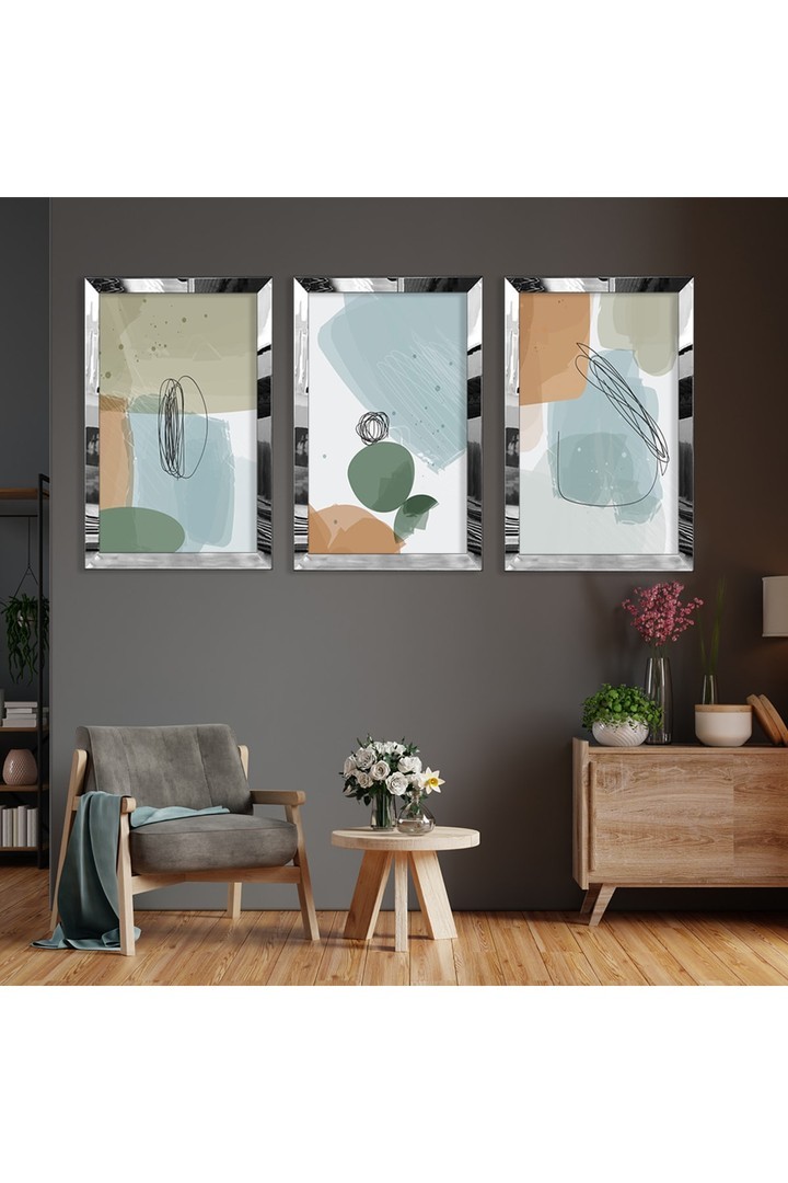 Minimalist Tablo Soyut Desen Gold Pleksi Kenar 3'Lü Solmaz MDF Tablo