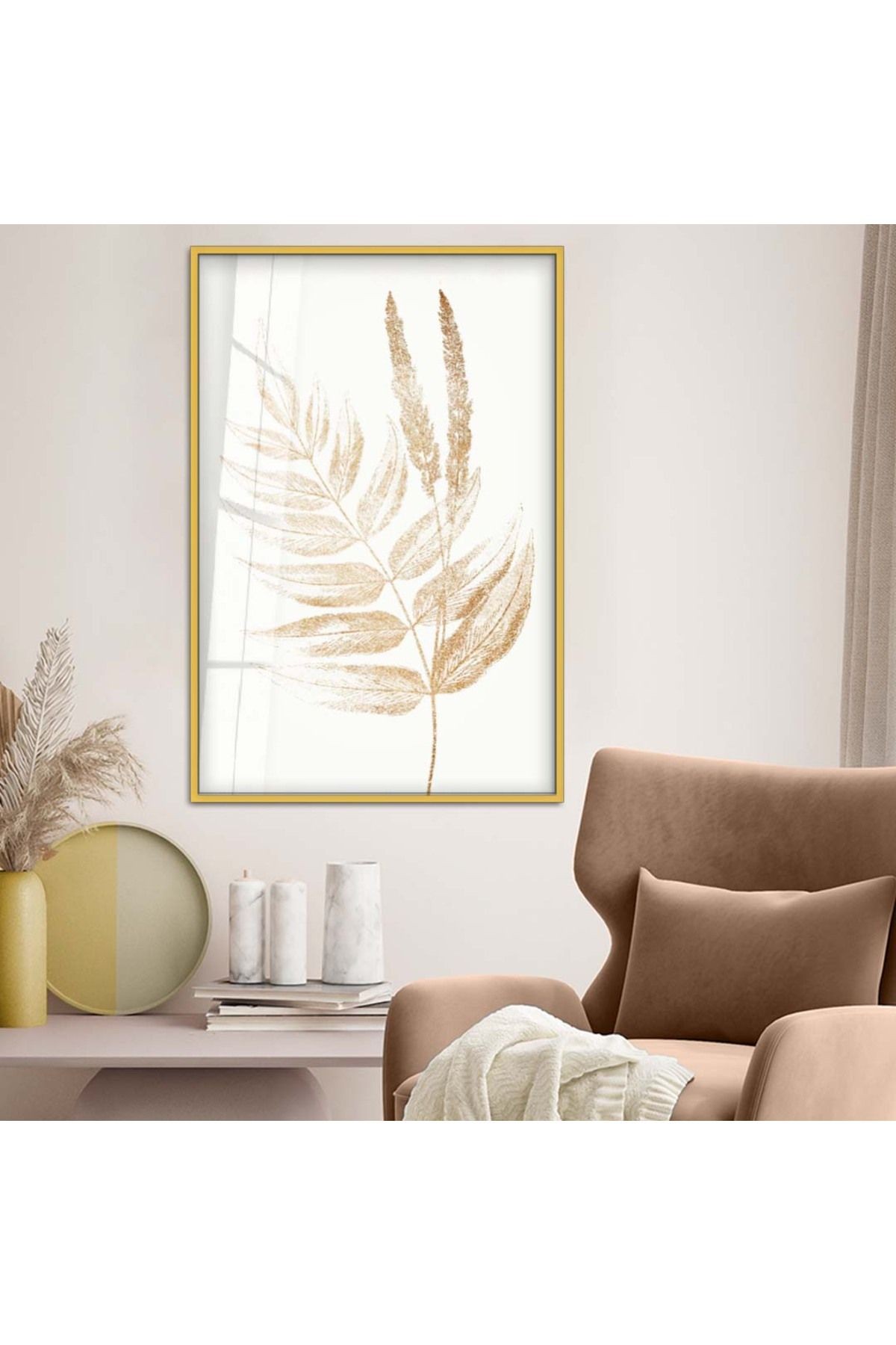 Gold Metal Çerçeveli Yaprak Desen Kırılmaz Cam Tablo