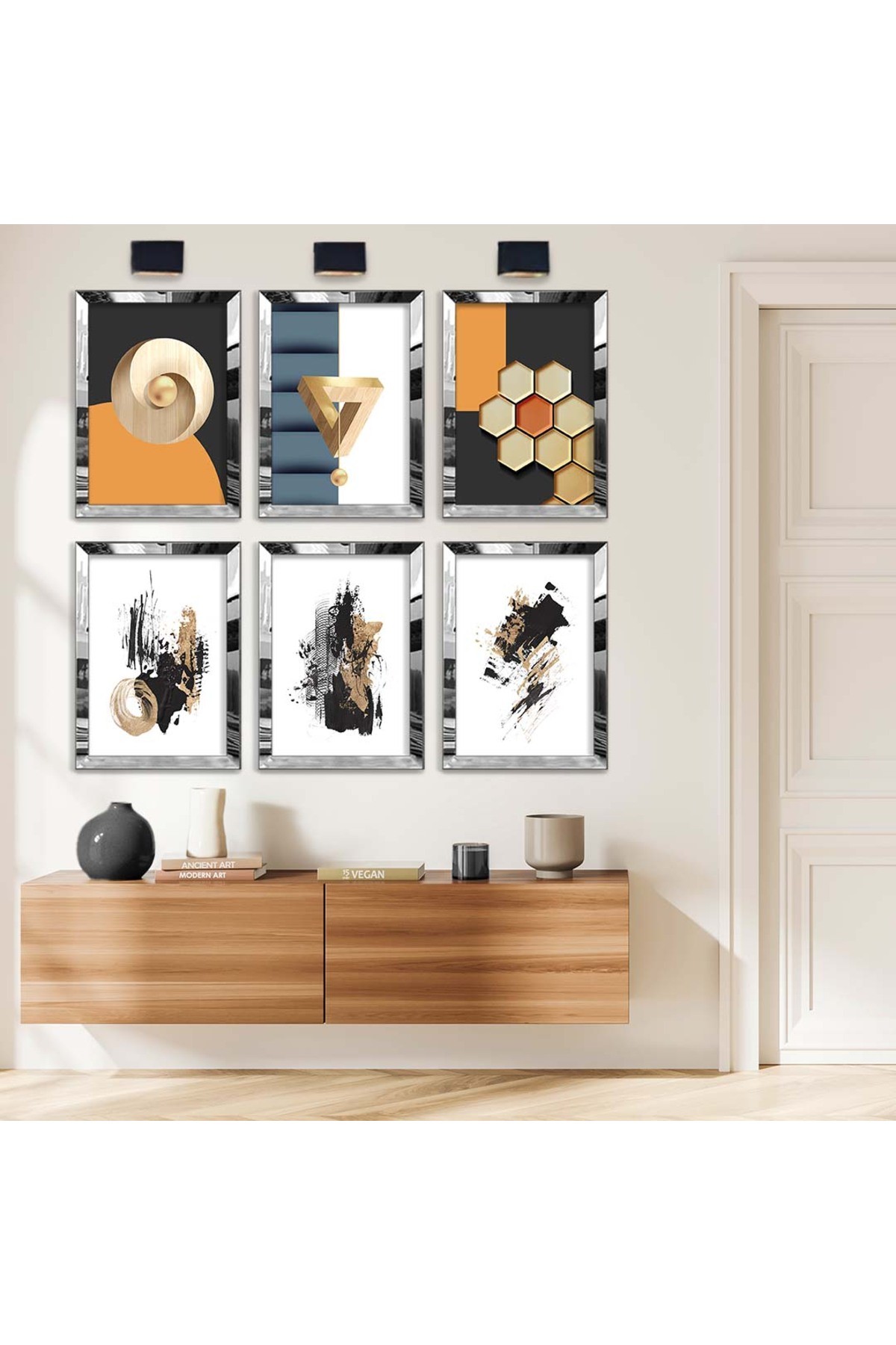 Renkli Geometrik Çizim Ve Soyut Tema 6'Lı Pleksi Kenar Solmaz MDF Tablo Seti