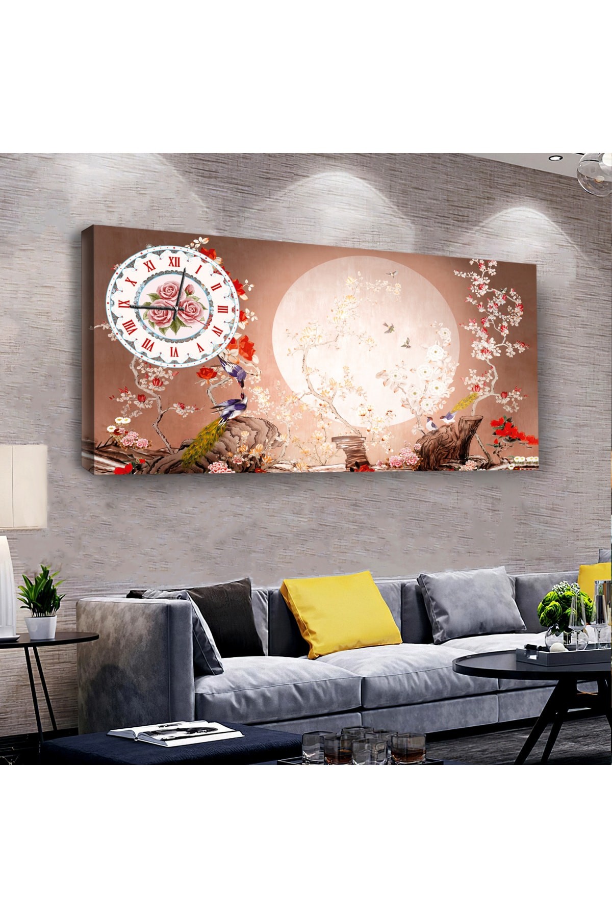 Oturma Odası Tablosu Dolunay Manzara saatliDijital Baskı Kanvas Tablo 100X50Cm