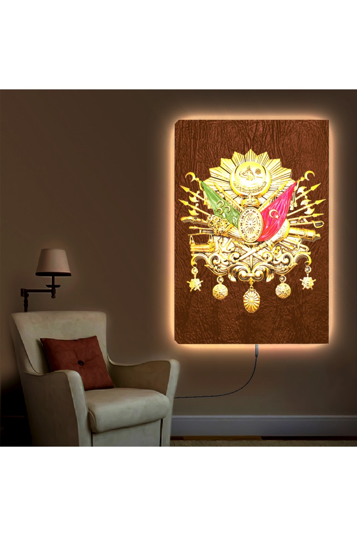 Modern Ledli Osmanlı Tuğrası Ahşap Şase Dijital Baskı Kanvas Tablo 90X60Cm