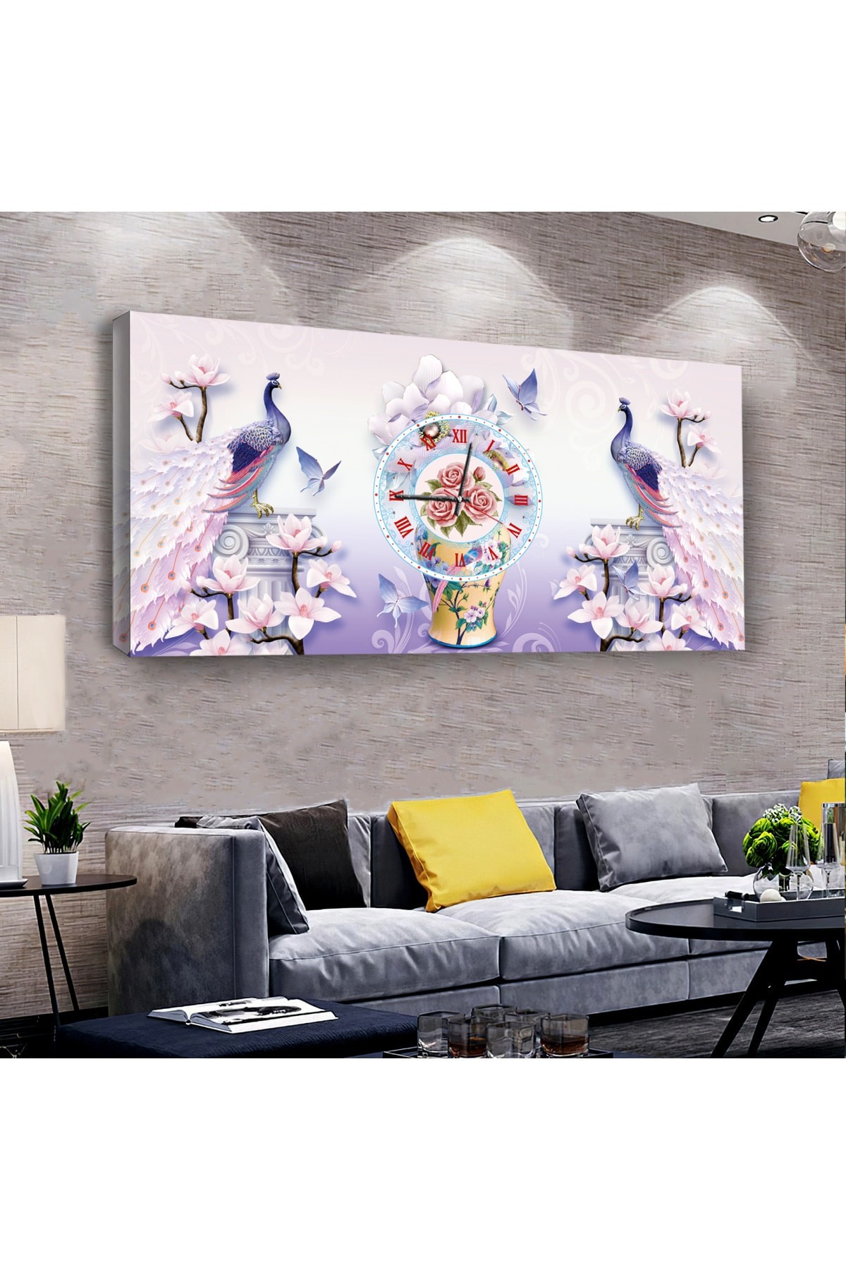 Renkli Tavus Kuşu saatliAhşap Şase Dijital Baskı Kanvas Tablo 100X50Cm