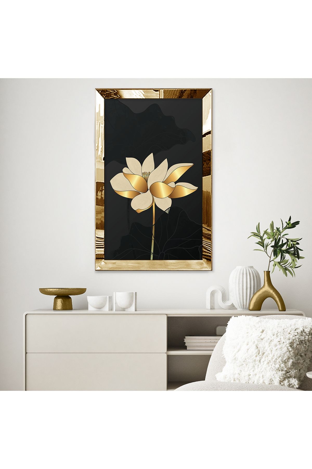 Gold Aynalı Pleksi Çerçeveli Modern Minimal Altın Renkli Çiçek Mdf Tablo