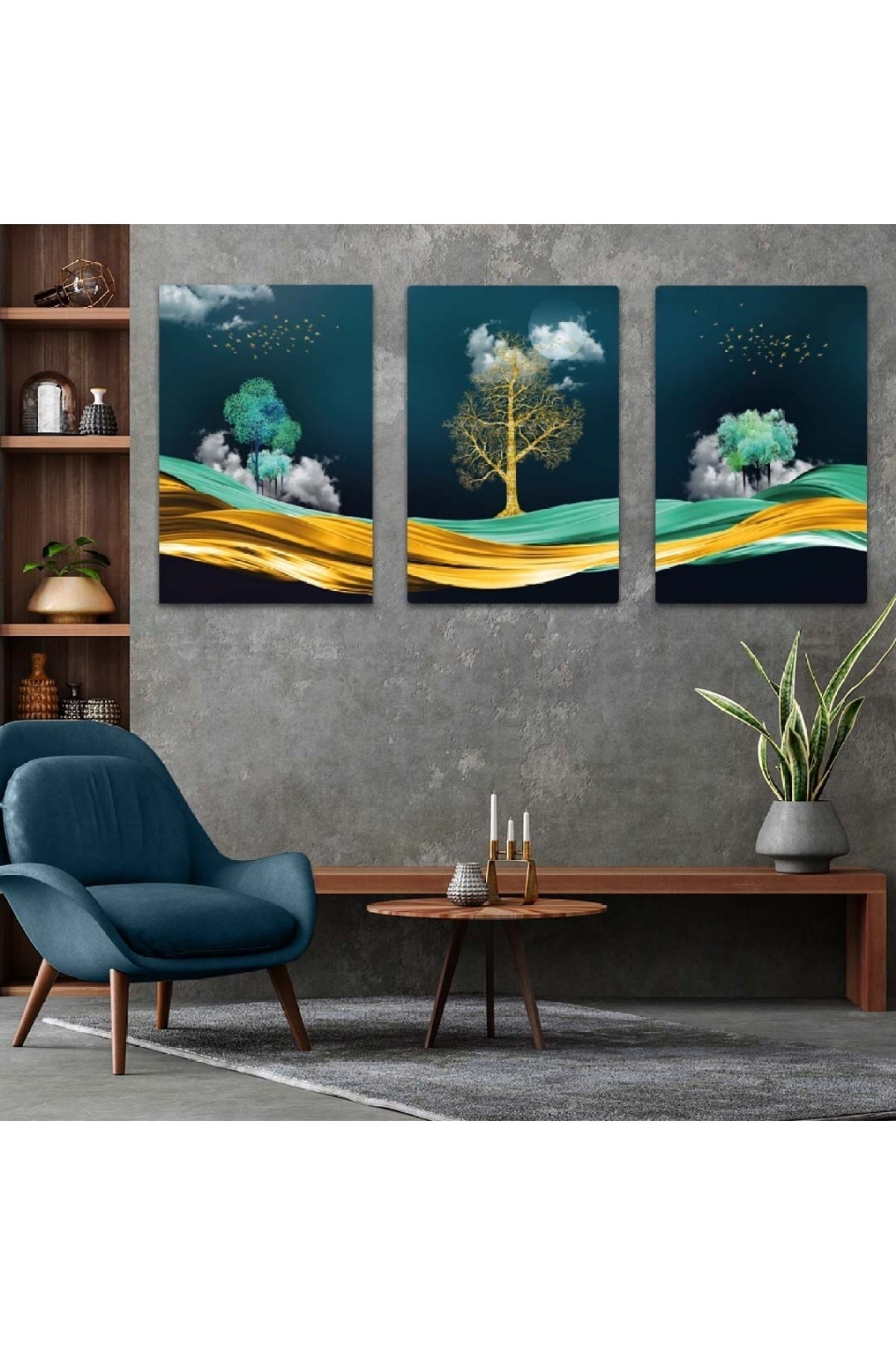 Minimal Sanat Tablosu Soyut Desen 3'Lü Solmaz MDF Tablo Set
