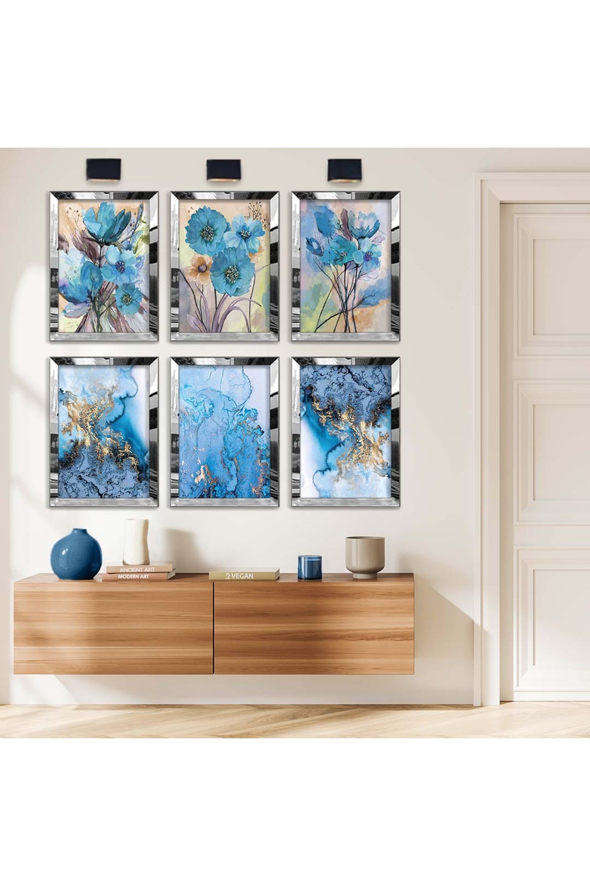 Modern Çizim Ve Mavi Çiçek 6'Lı Pleksi Kenar Solmaz MDF Tablo Seti