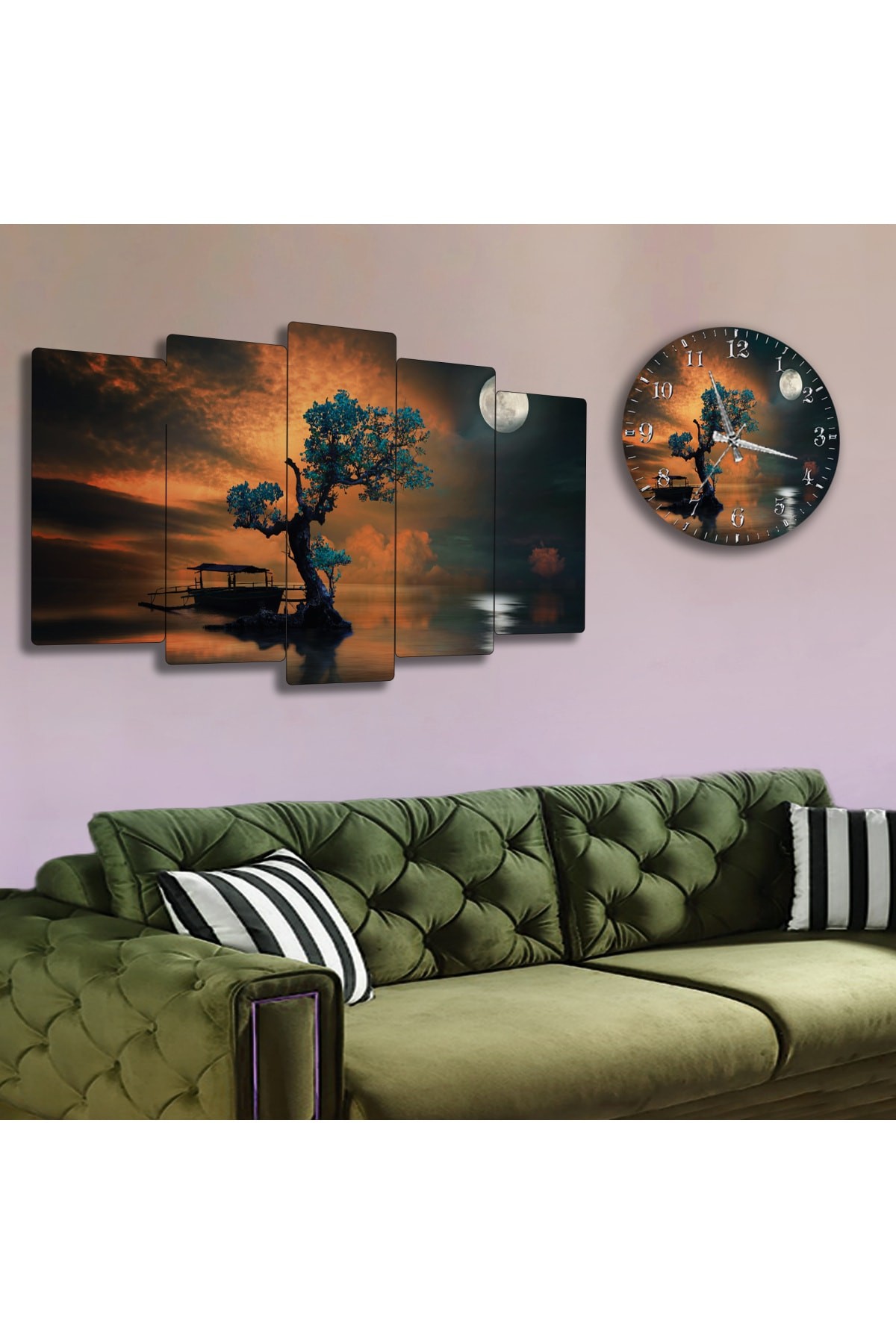 Modern Dolunay Manzara Solmaz MDF Tablo Ve Saat Kombin