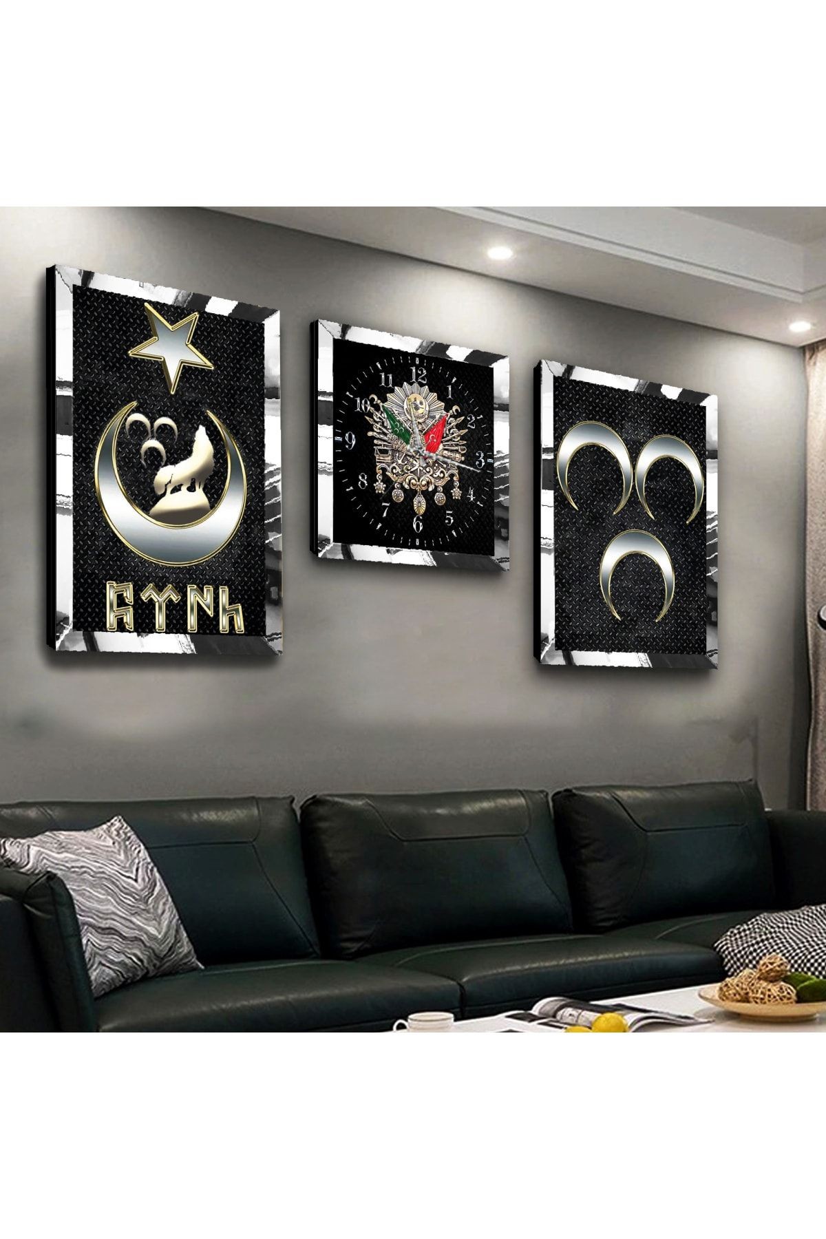Gold Aynalı Pleksi Çerçeveli Göktürk Üçlü Mdf Tablo Seti Ve Saat Seti