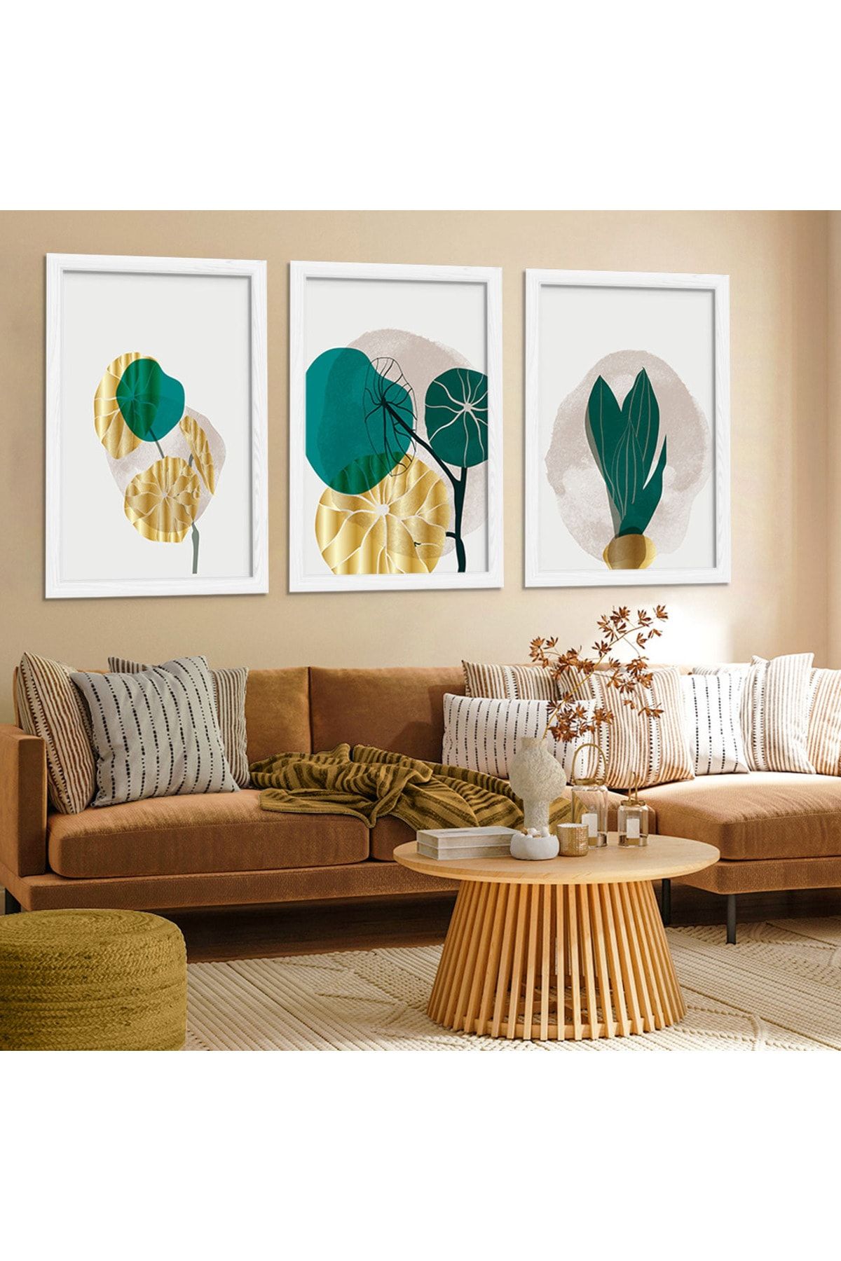 Beyaz Ahşap Çerçeveli Kolaj Çizim Çiçek Tablo