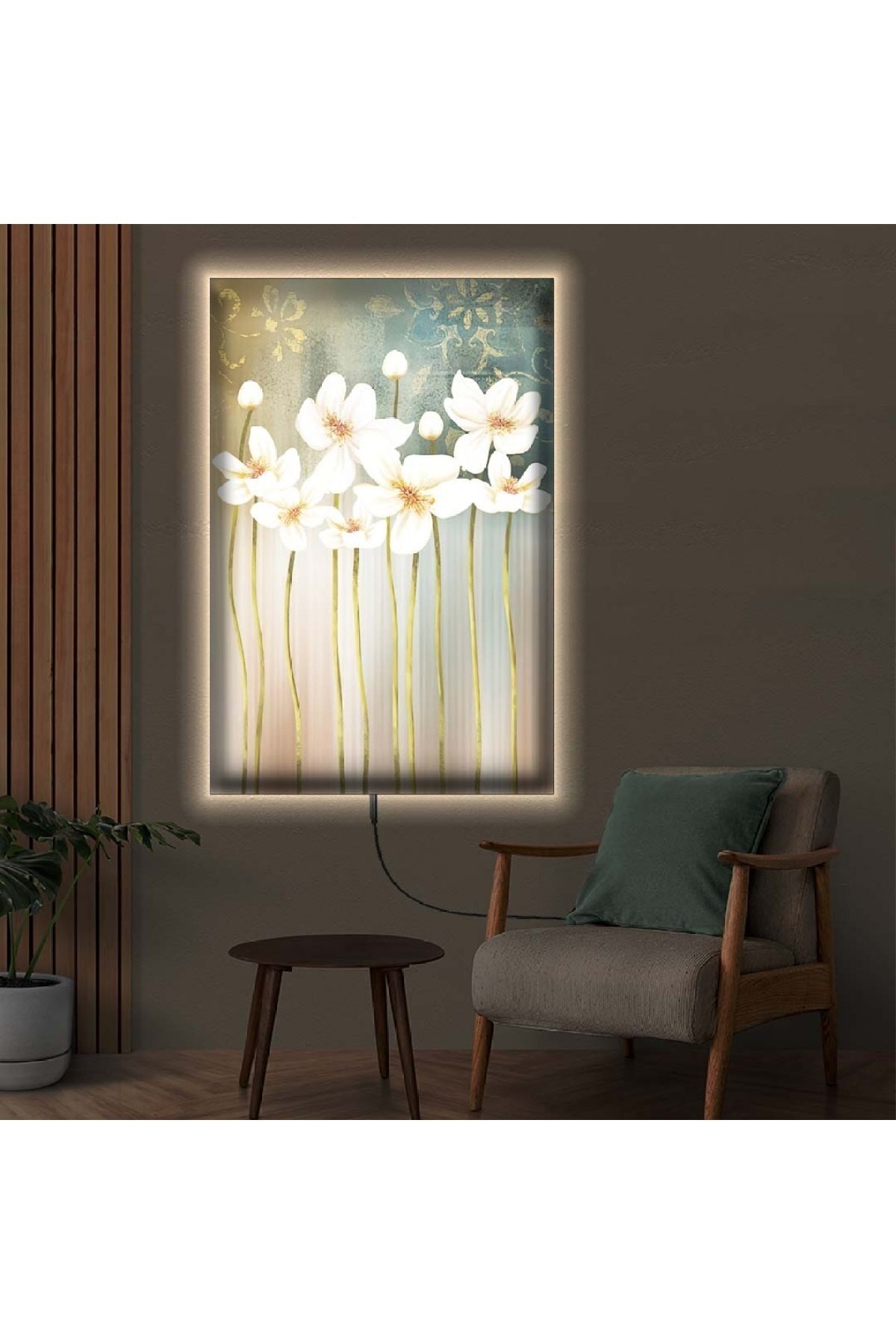 Ledli Beyaz Çiçek Ahşap Şase Dijital Baskı Kanvas Tablo 70X100Cm