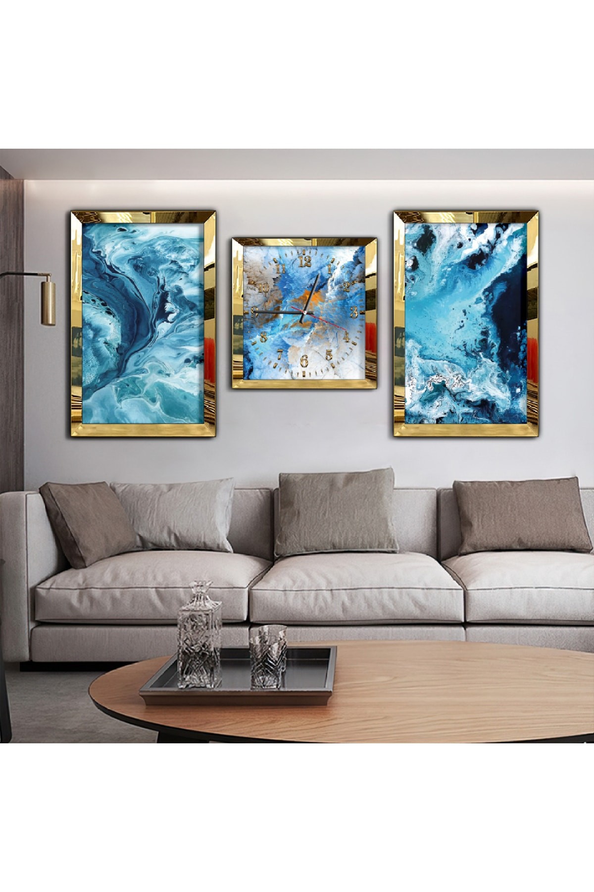 Sanat Tablosu Mavi Renkli Aynalı Gold Pleksi Çerçeveli MDF Tablo Ve Saat Seti