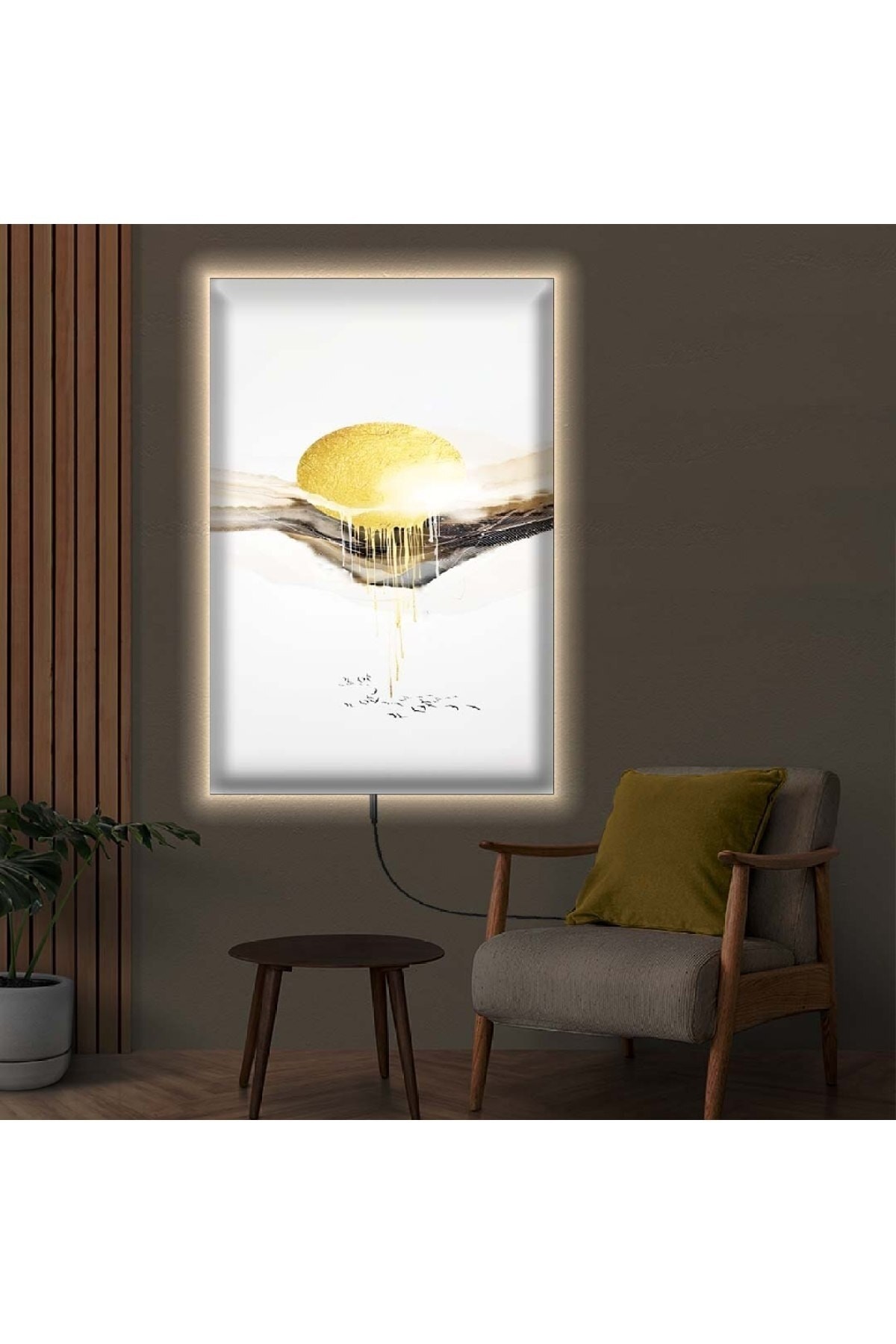 Minimal Ledli Kolaj Çizim Ahşap Şase Dijital Baskı Kanvas Tablo 90X60Cm