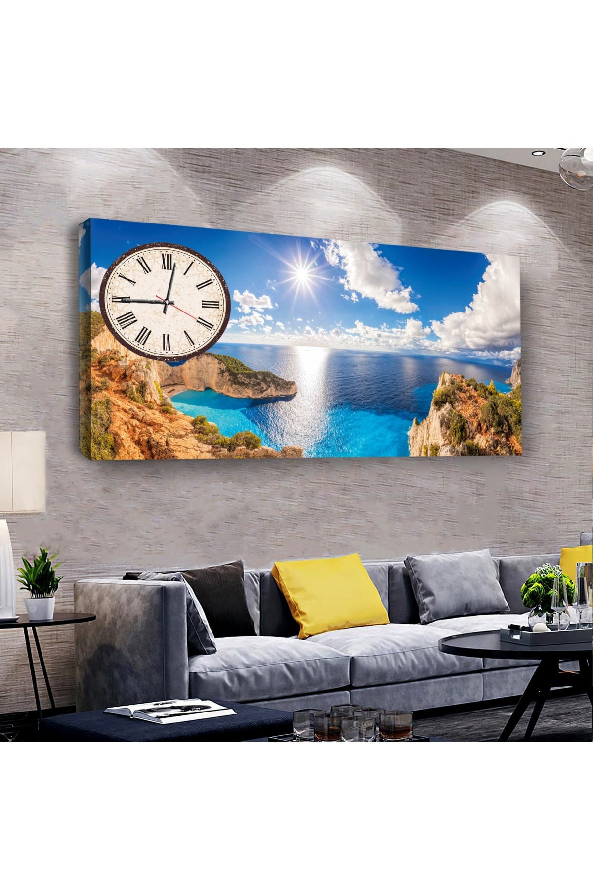 Renkli Deniz Manzara saatliAhşap Şase Dijital Baskı Kanvas Tablo 100X50Cm