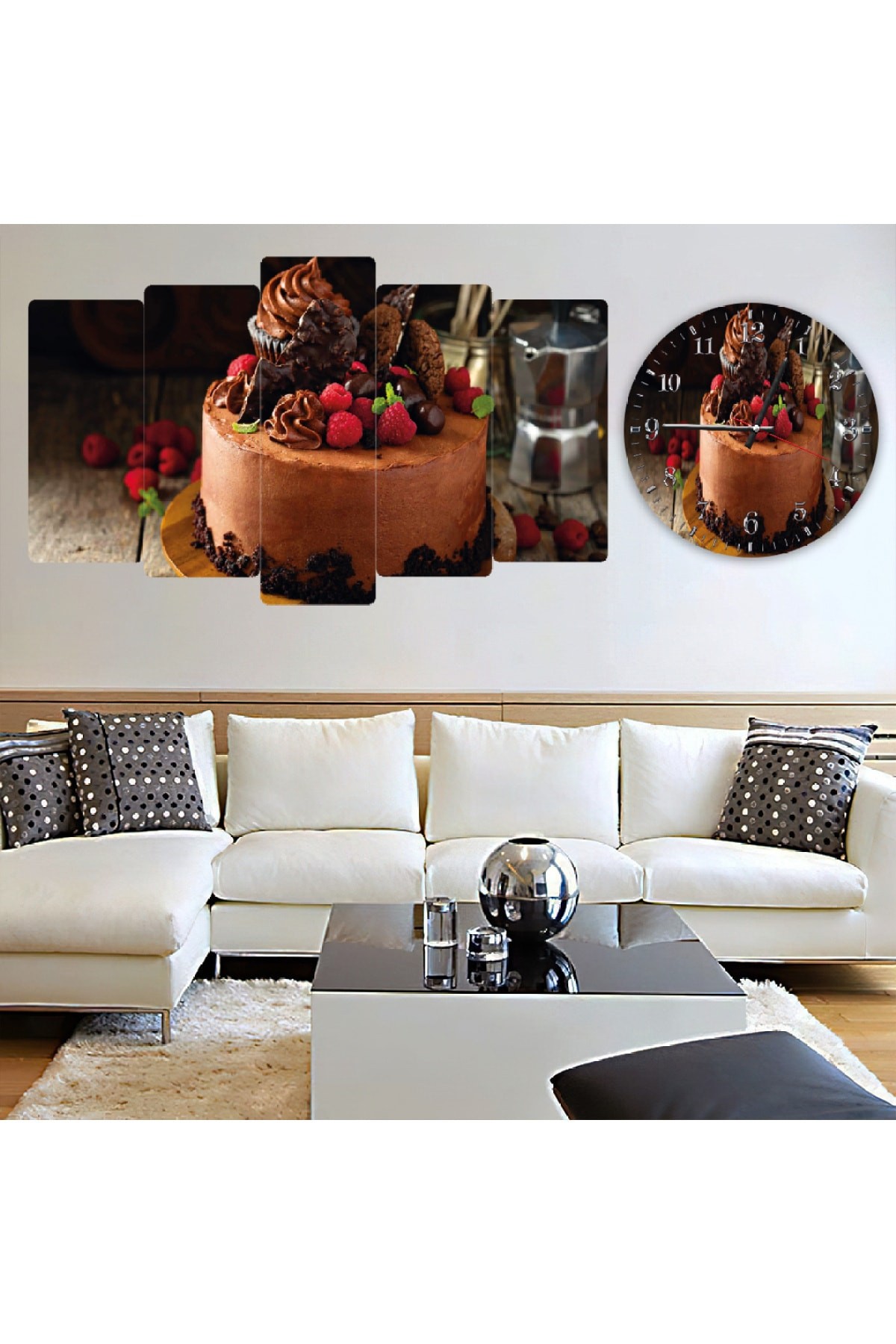 5 Parça Çikolatalı Pasta Solmaz MDF Tablo Ve Saat Kombin
